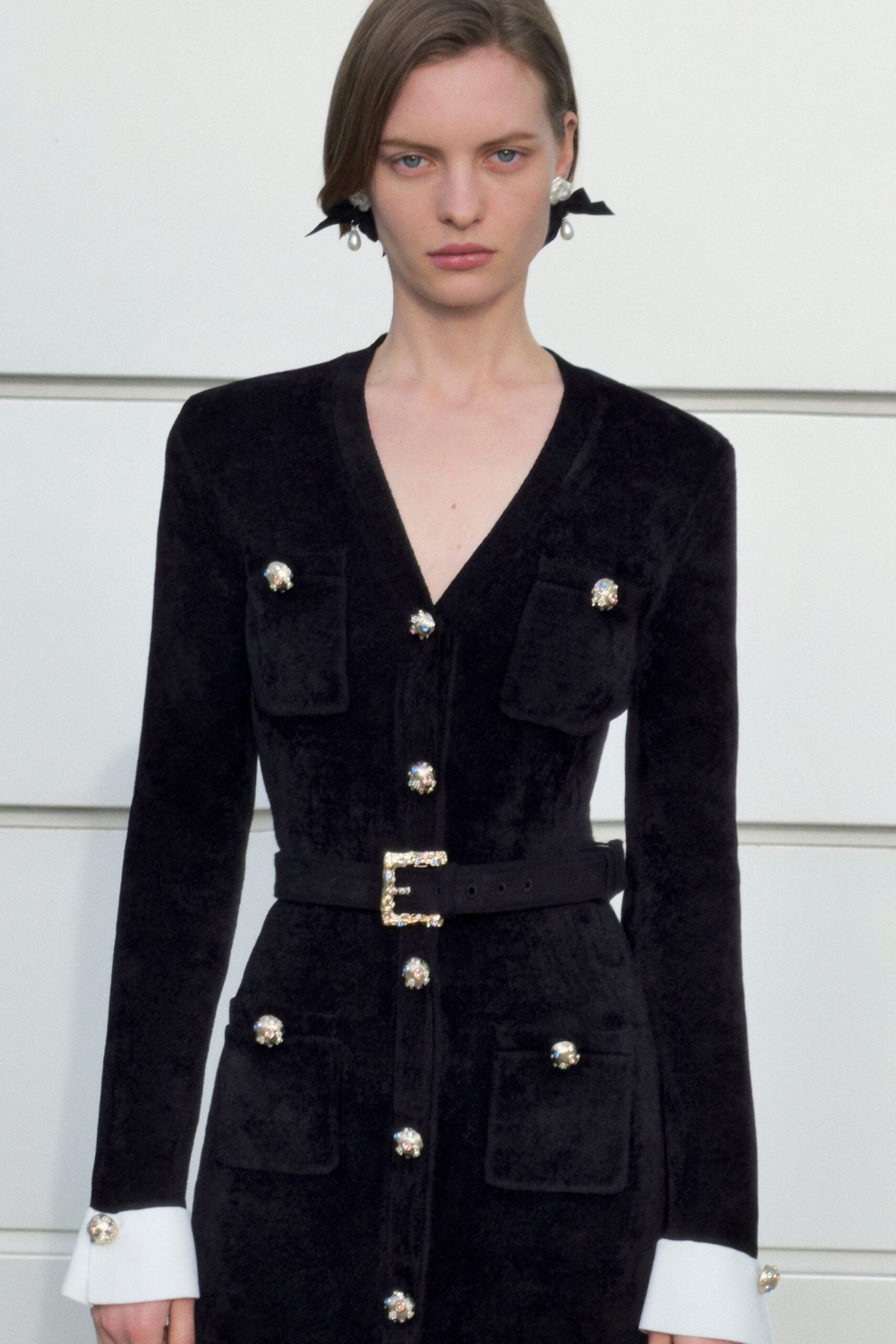 black velvet long-sleeve v-neck fitted buttoned belted dress
