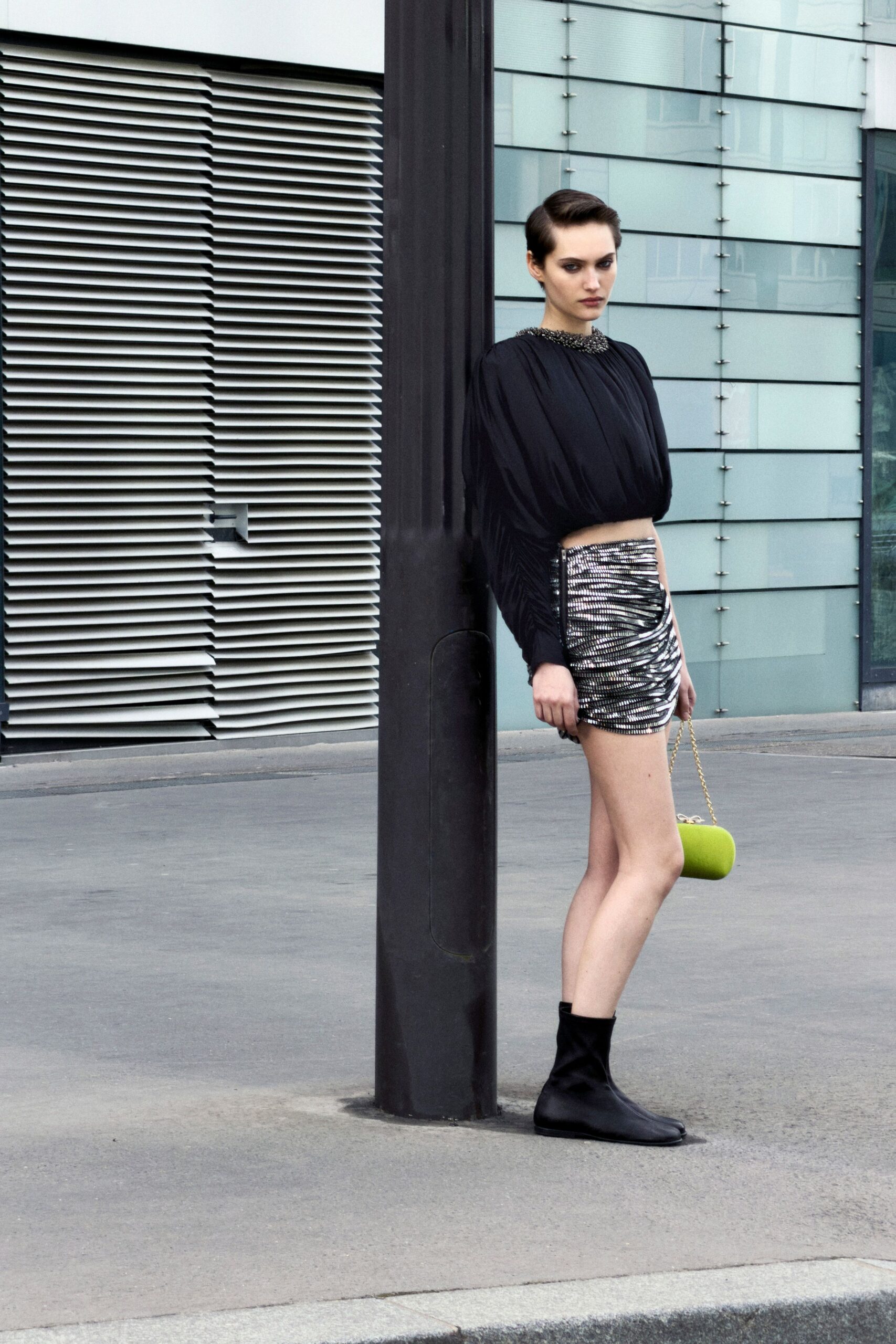 gray metallic fitted ruched shiny mini skirt