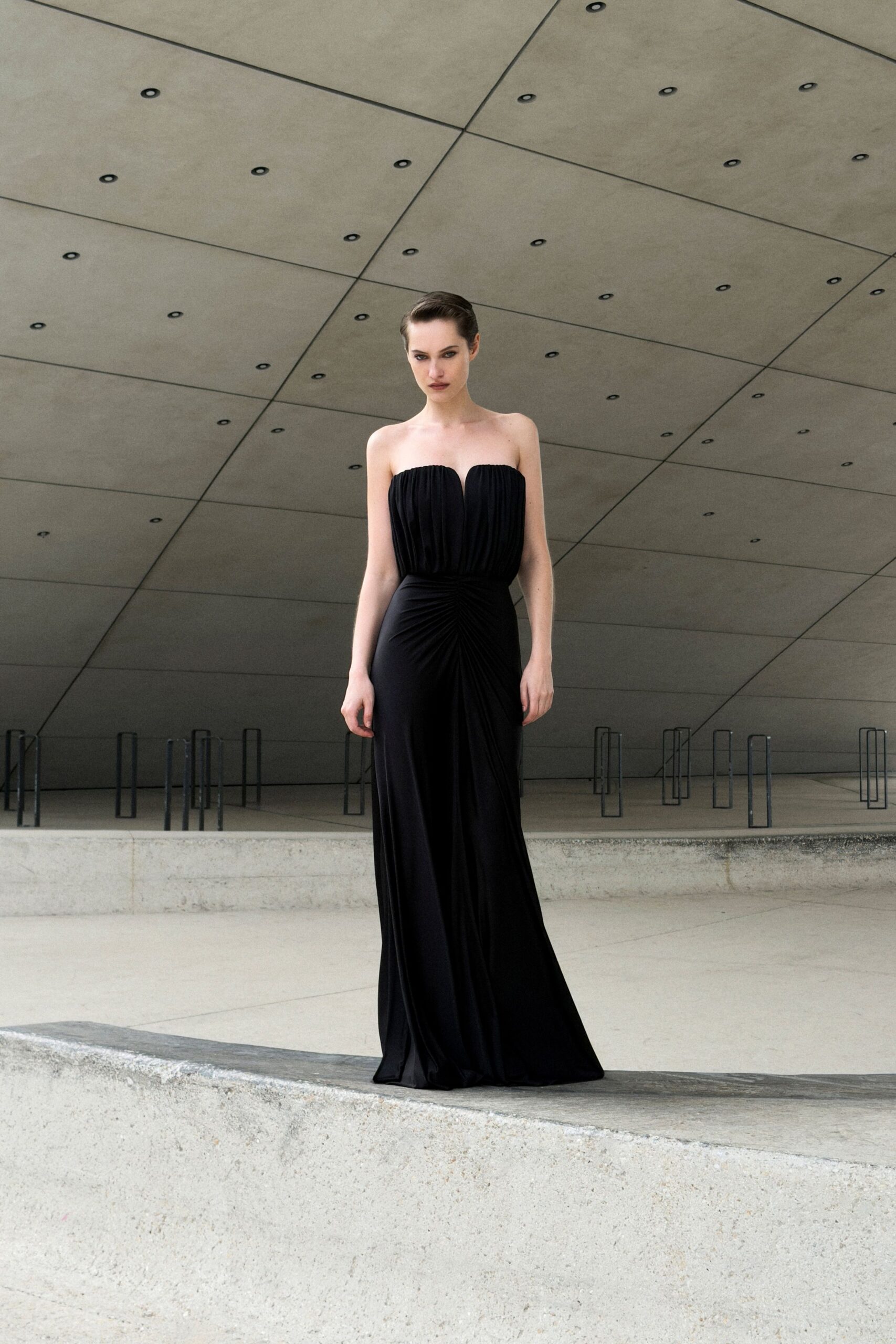 black silk strapless gown