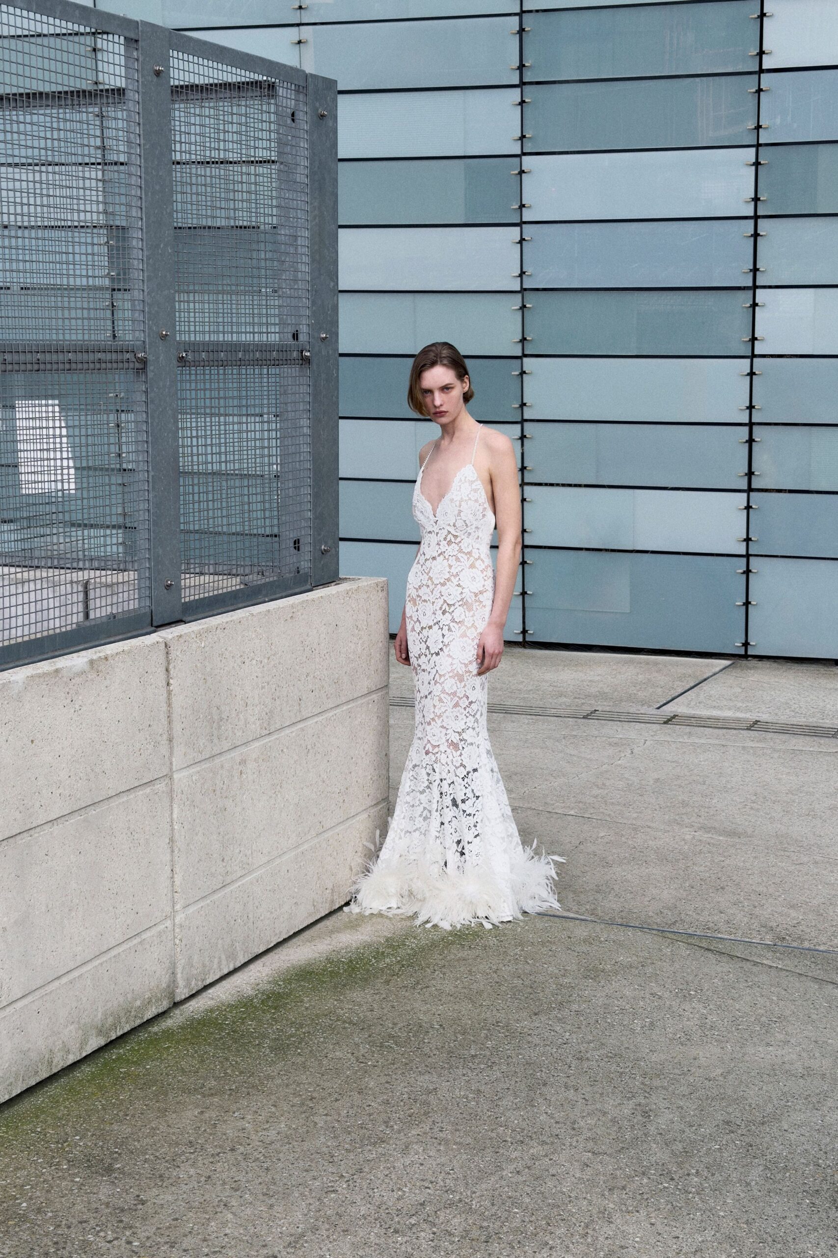 white lace sleeveless gown