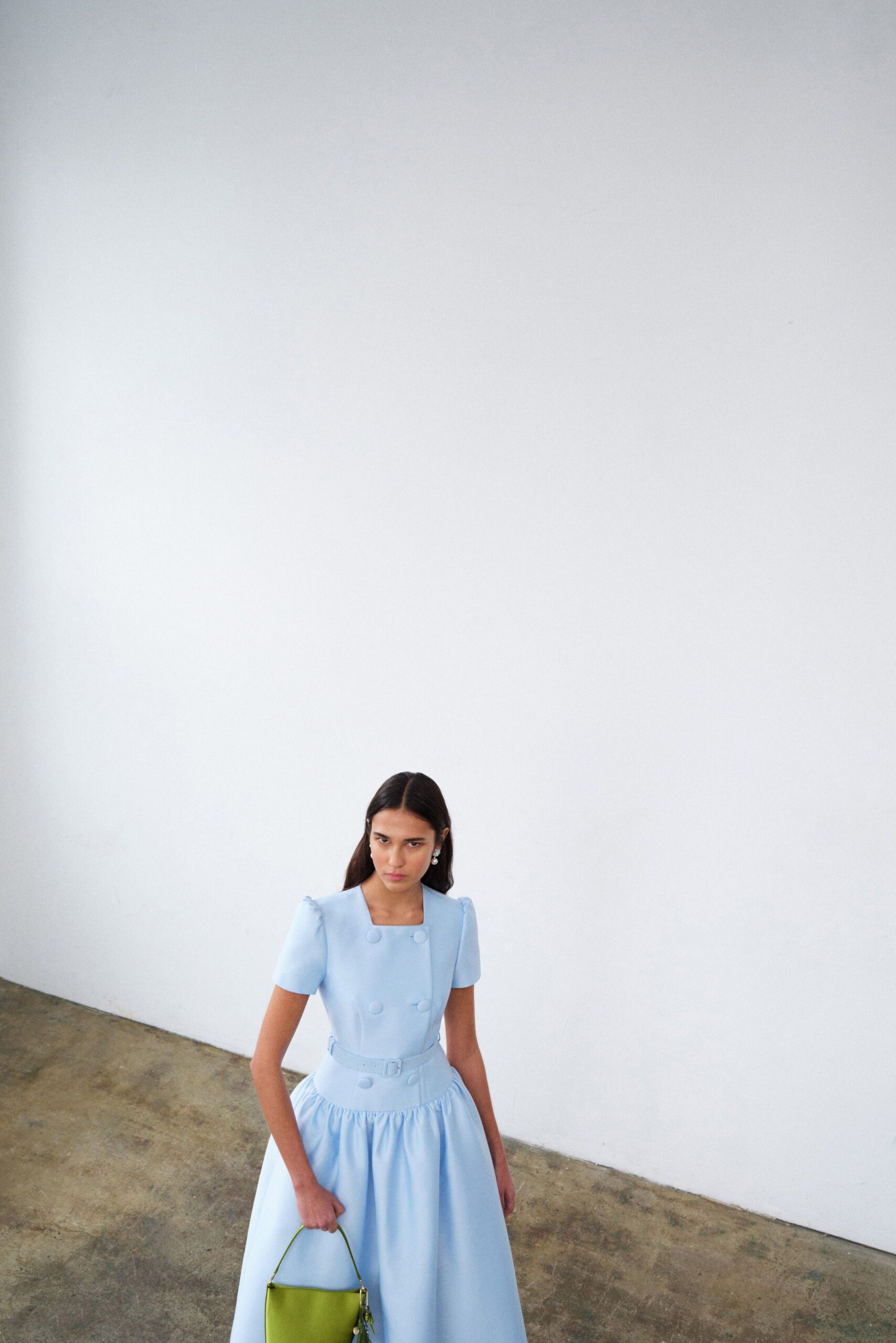 blue cotton short-sleeve collared fitted pleated buttoned dress