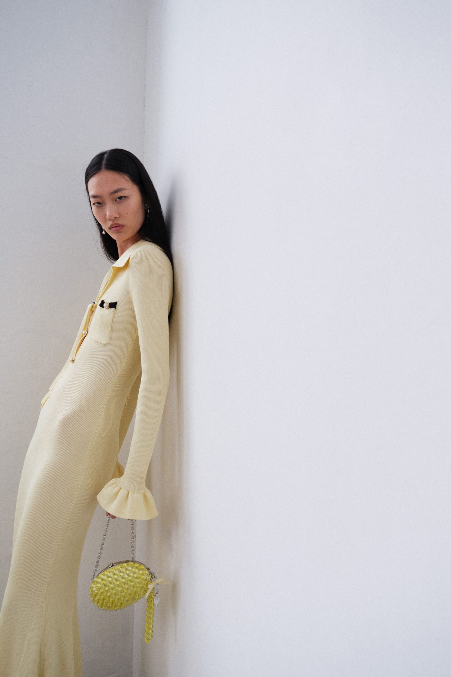 yellow cotton long-sleeve collared fitted ruffled maxi dress