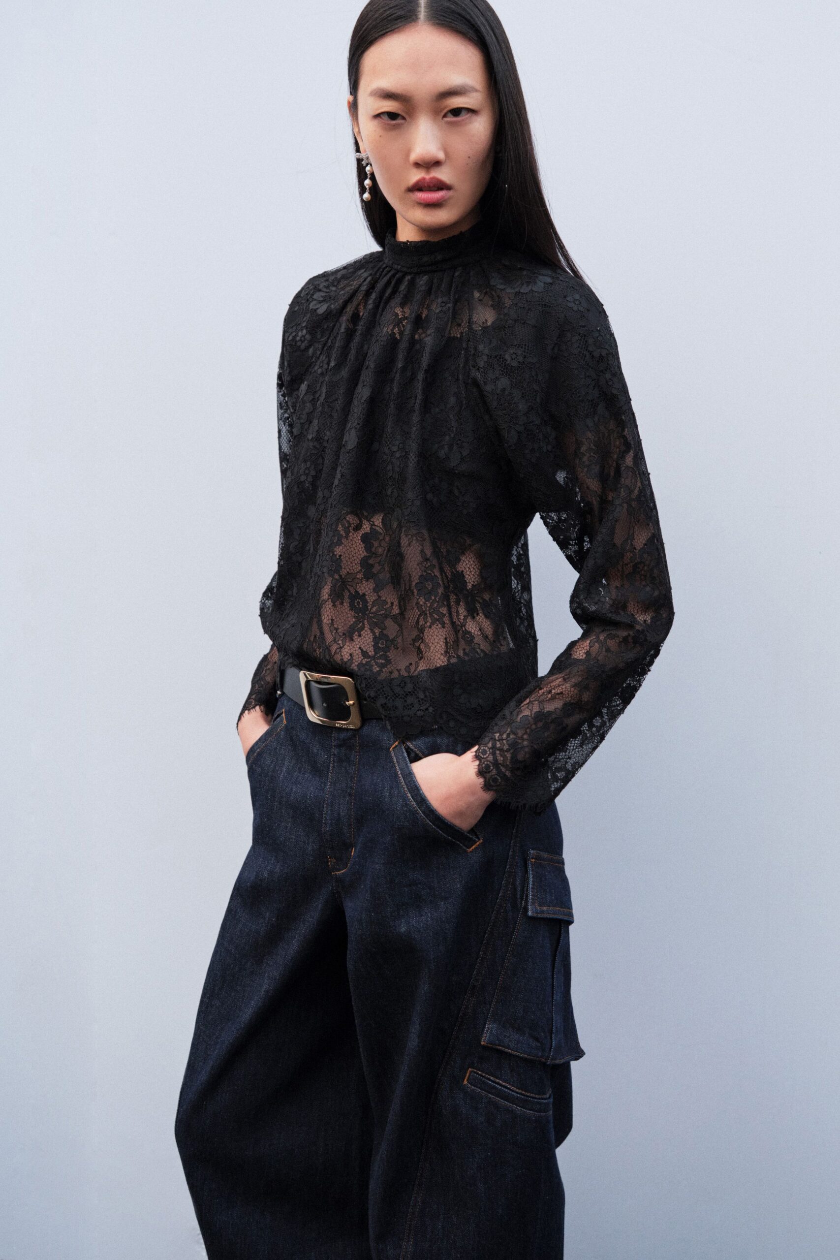 black lace long-sleeve high-neck fitted pleated sheer top