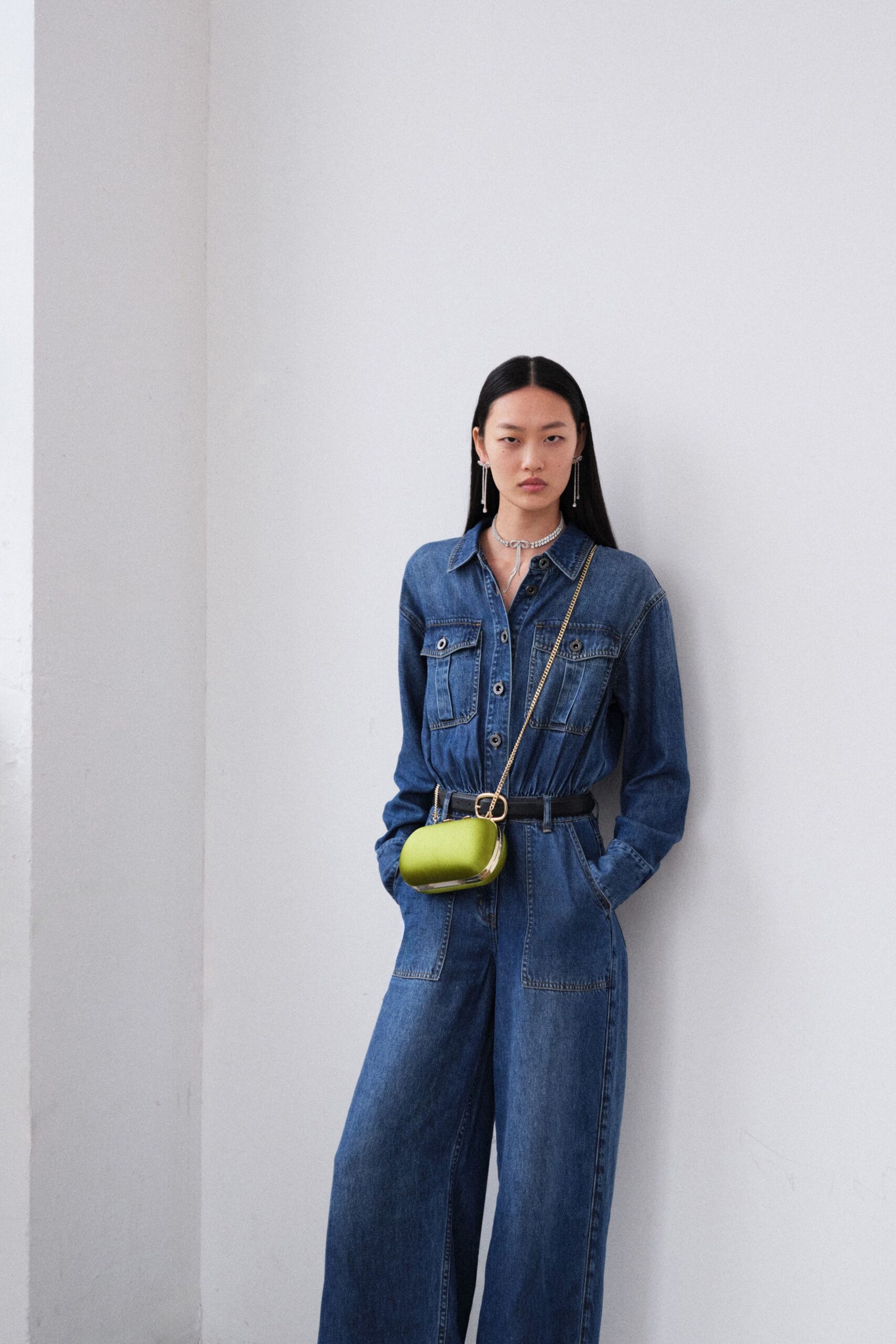blue denim long-sleeve collared relaxed pockets buttoned jumpsuit