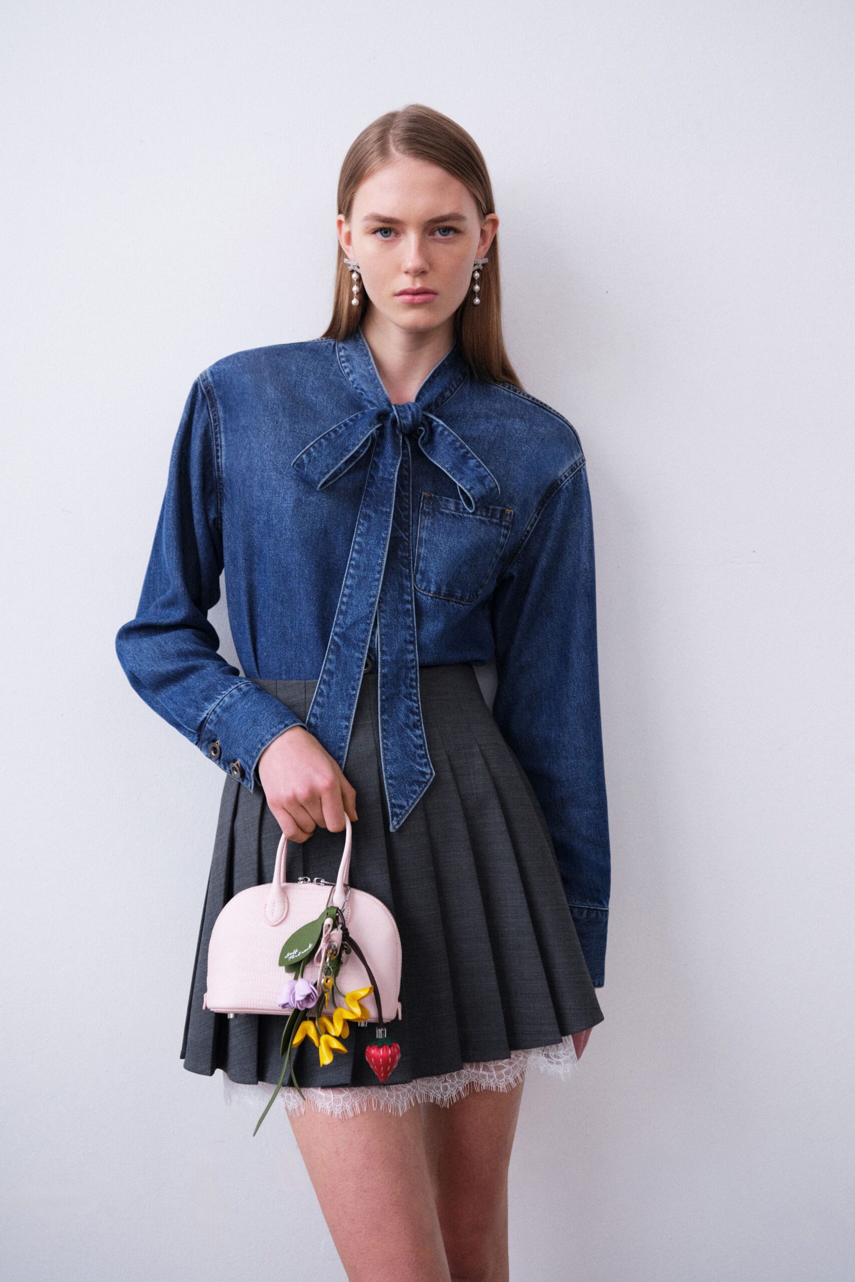 blue denim long-sleeve collared fitted buttoned shirt