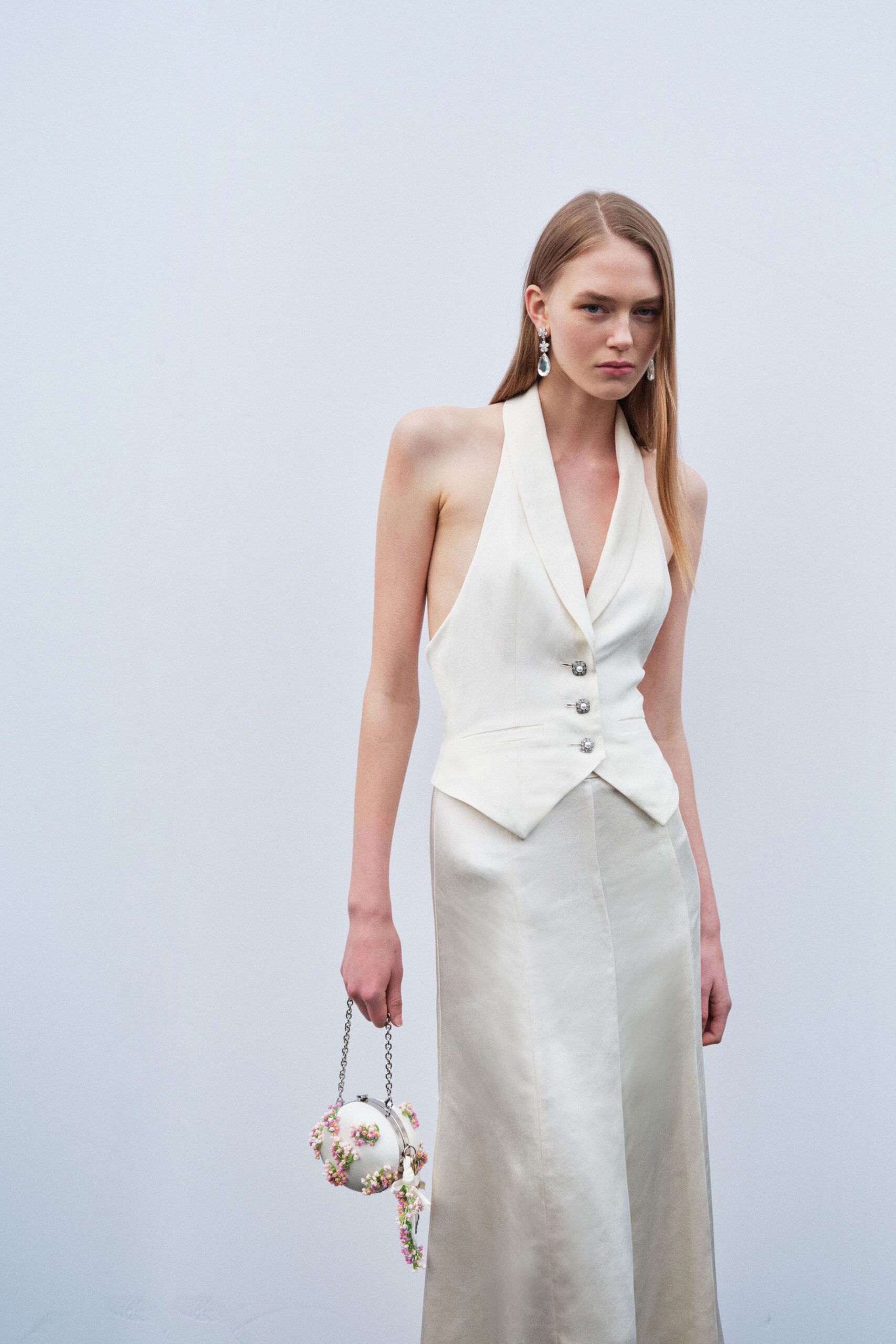 ivory silk sleeveless v-neck fitted buttoned maxi gown