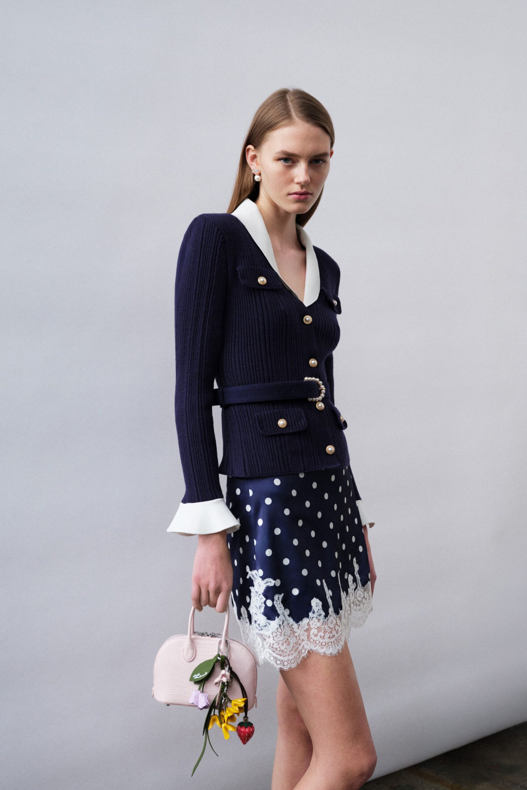 blue cotton long-sleeve collared fitted buttoned ribbed top