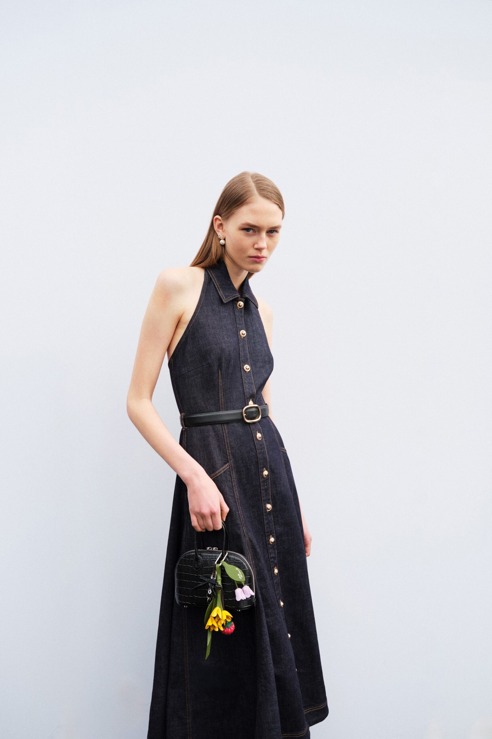 blue denim sleeveless collared fitted buttoned a-line dress