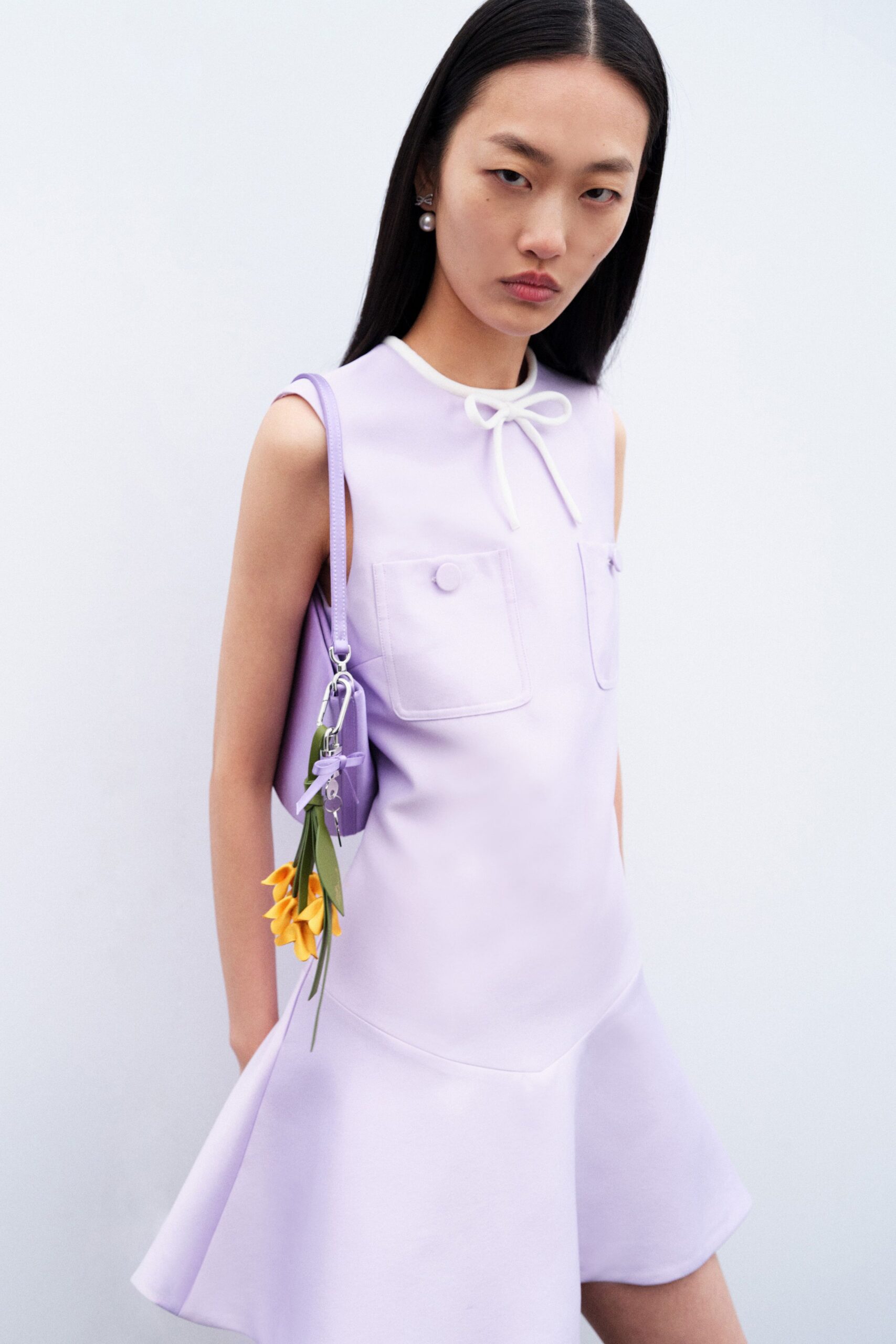 purple cotton sleeveless collared fitted a-line pockets dress