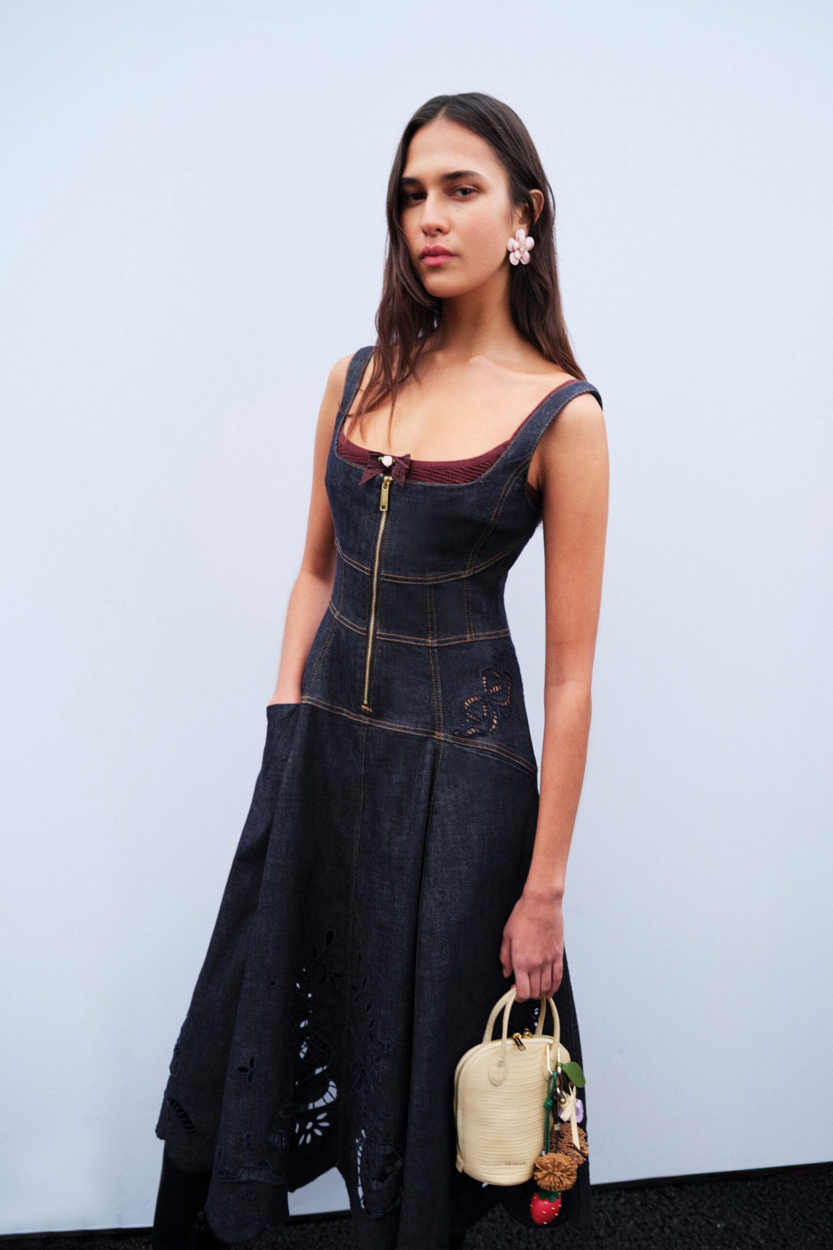 blue denim sleeveless square-neck fitted zippered pleated dress