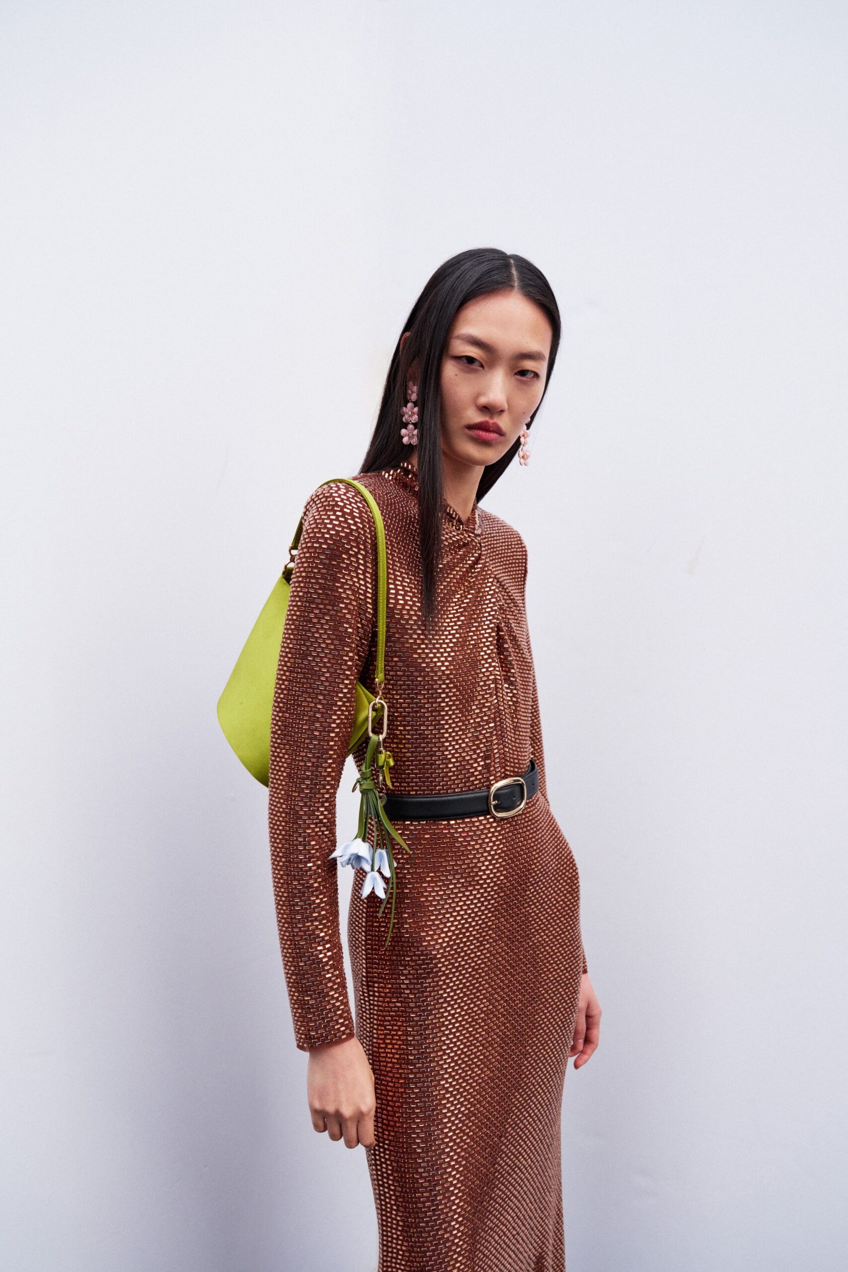 brown metallic long-sleeve collared fitted zippered shiny dress
