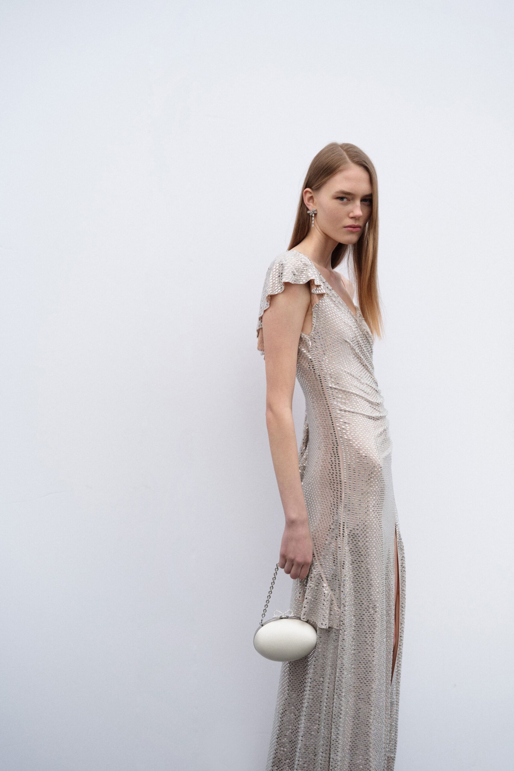 beige silk short-sleeve v-neck fitted ruched sheer dress