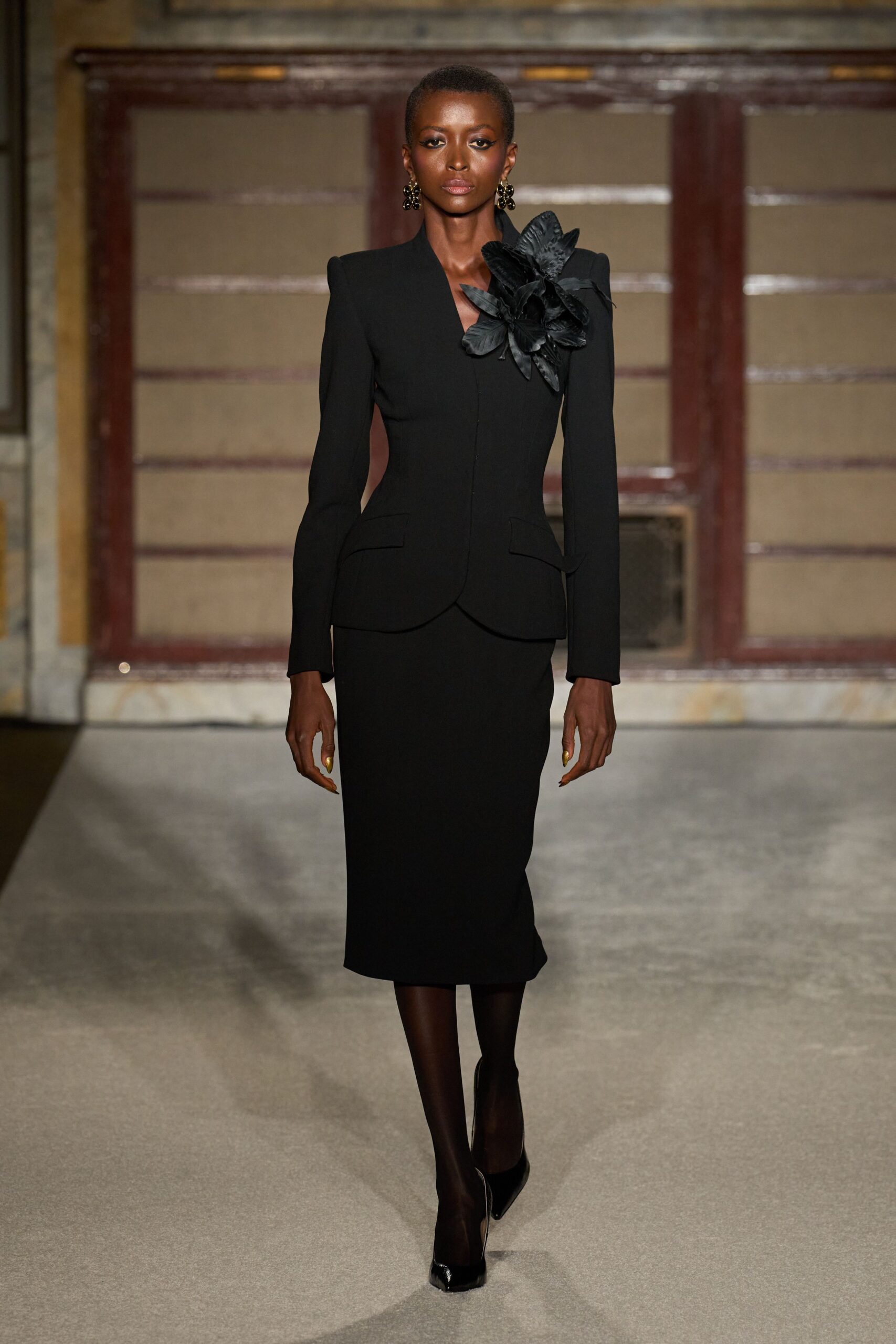 black wool long-sleeve collared fitted pencil embellished dress