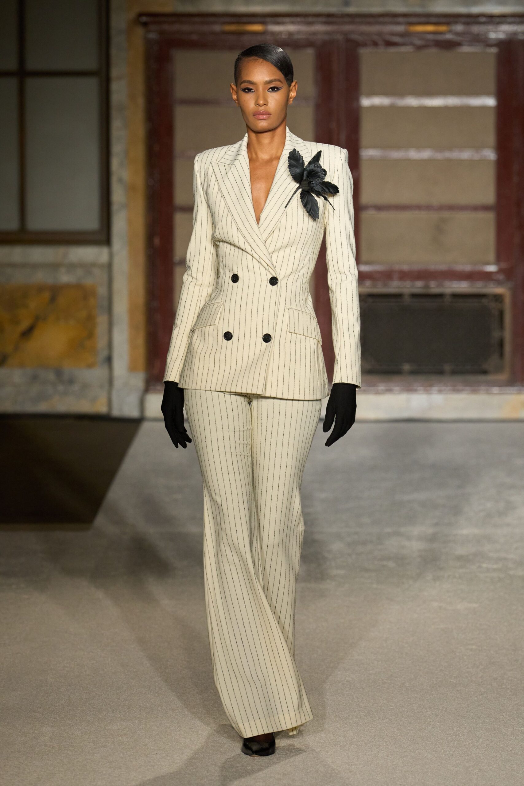 beige wool long-sleeve v-neck tailored striped belted suit