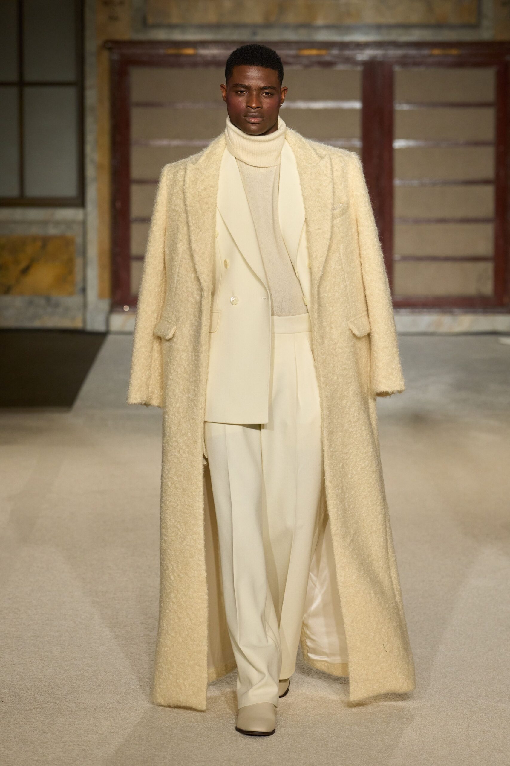 white wool long-sleeve collared relaxed textured maxi coat