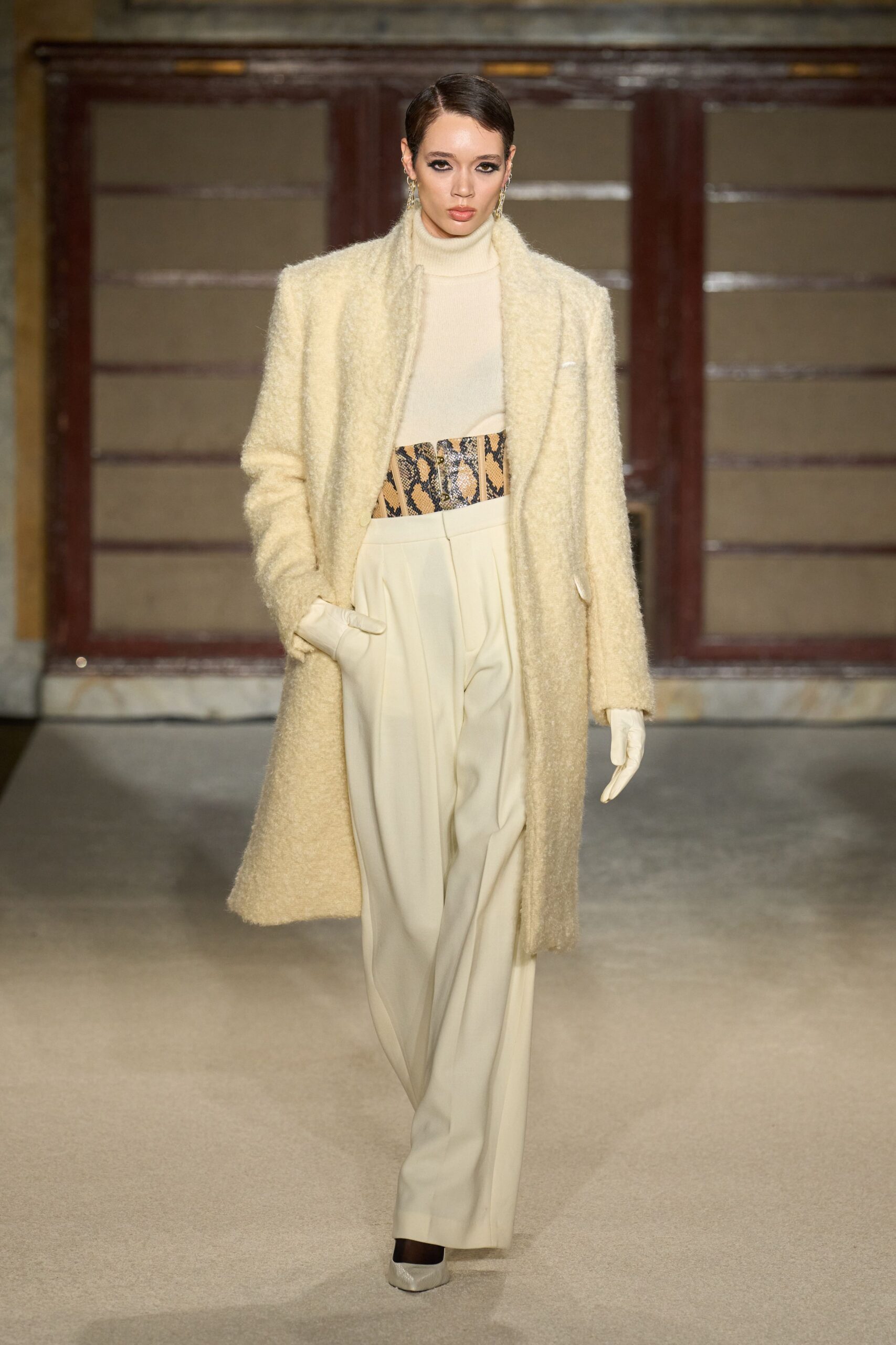 beige wool coat with ivory pants