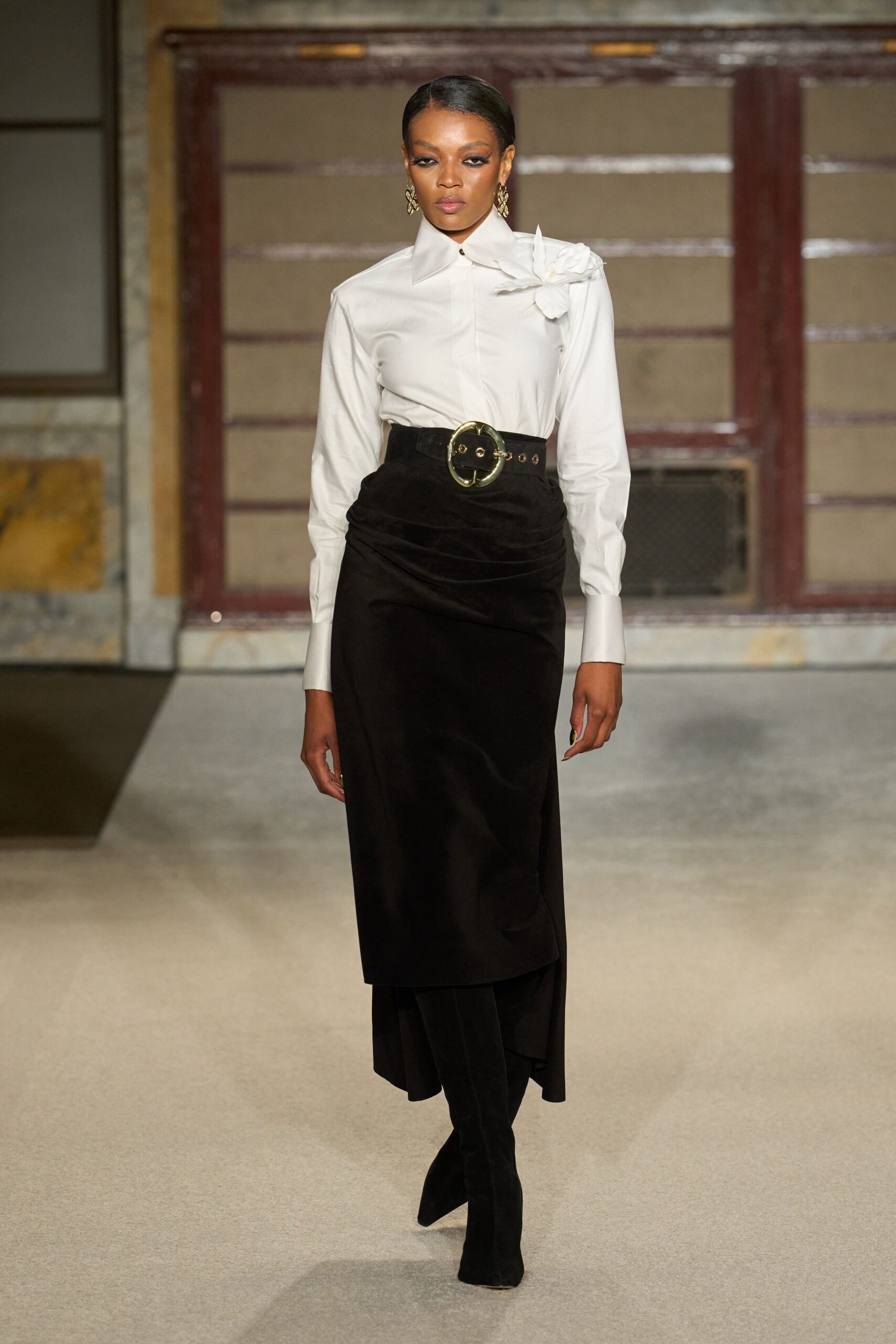 white cotton long-sleeve collared fitted ruffled shirt
