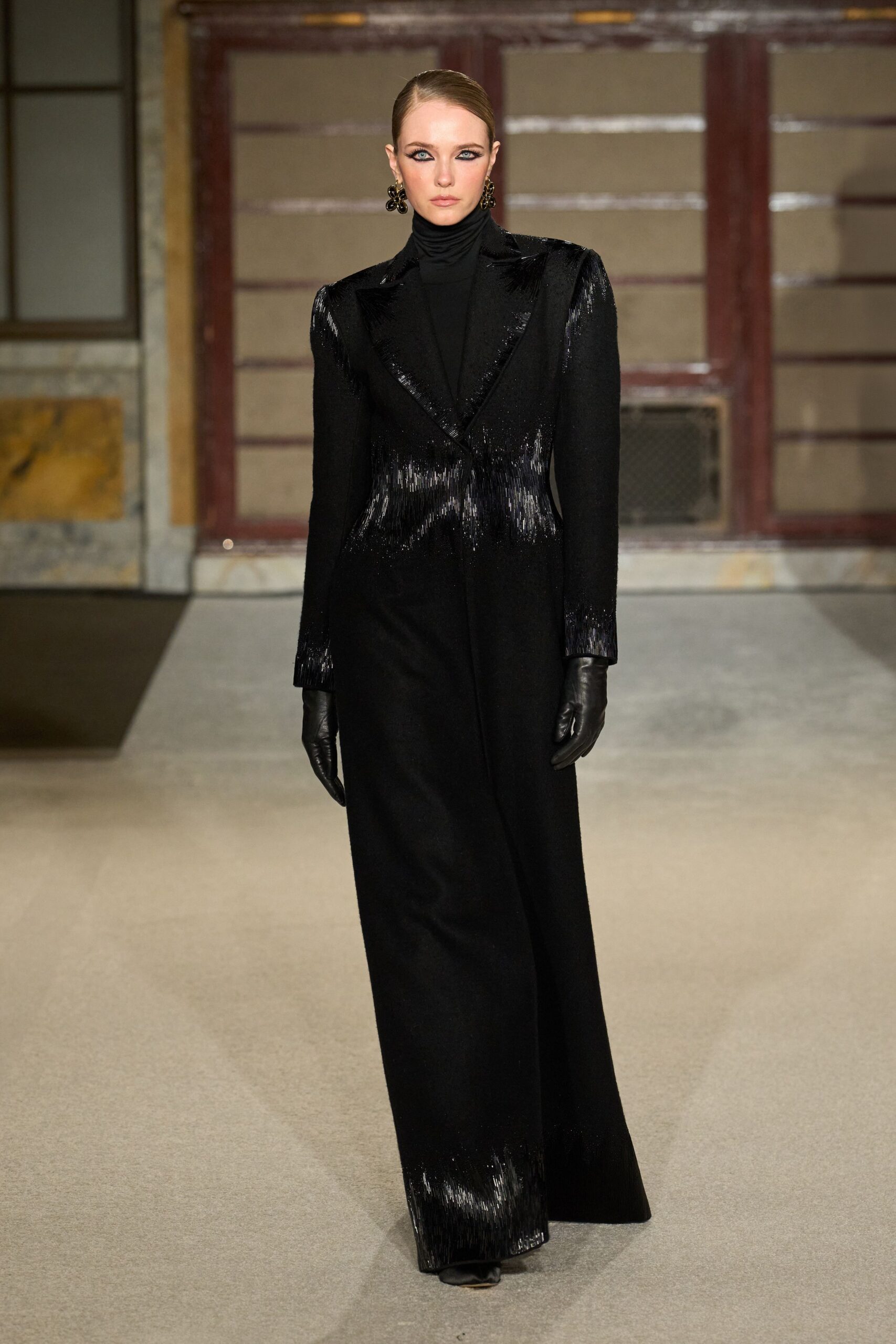 black silk long-sleeve high-neck fitted embellished shiny gown