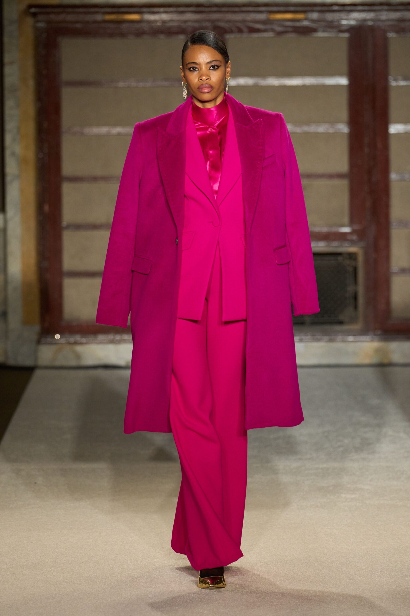 pink velvet long-sleeve collared relaxed coat