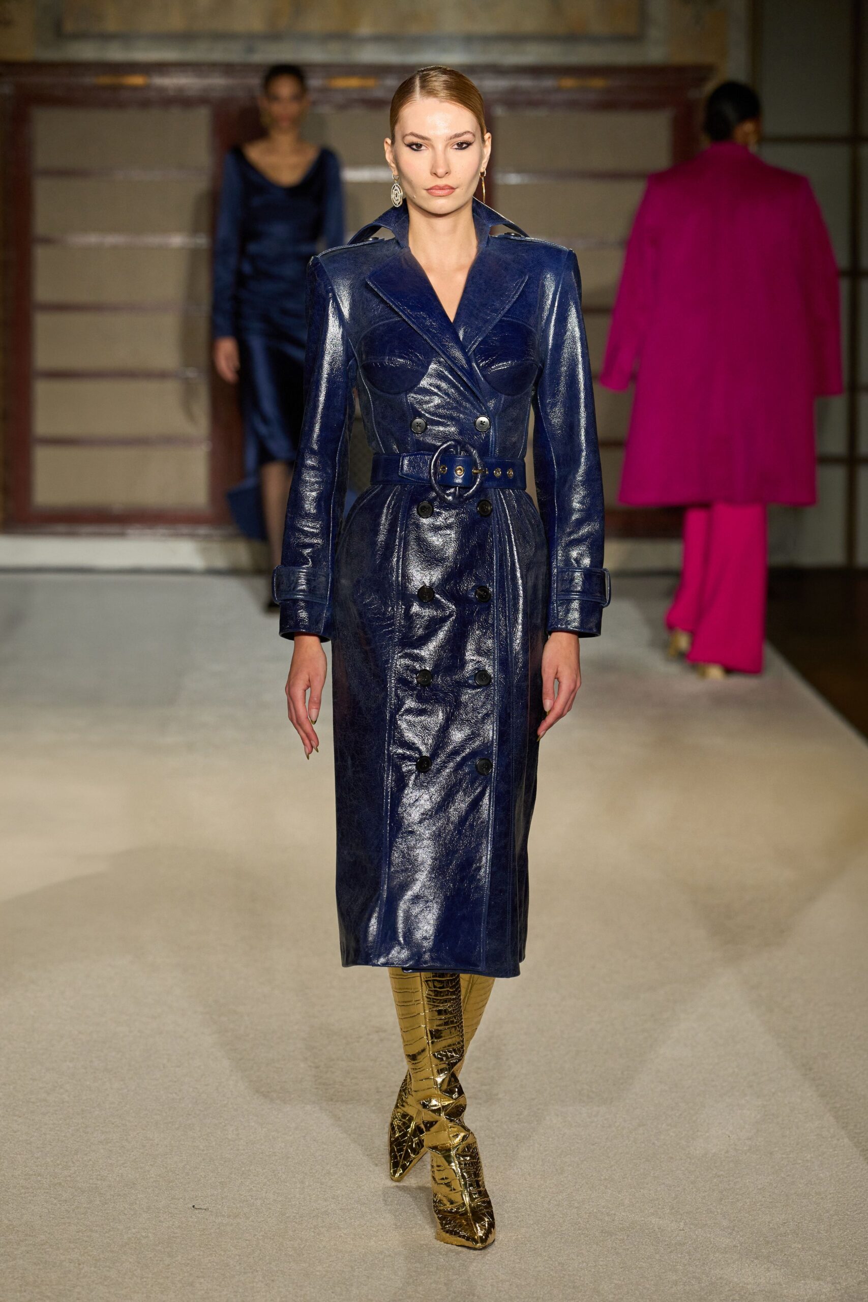 blue leather long-sleeve collared fitted belted shiny coat