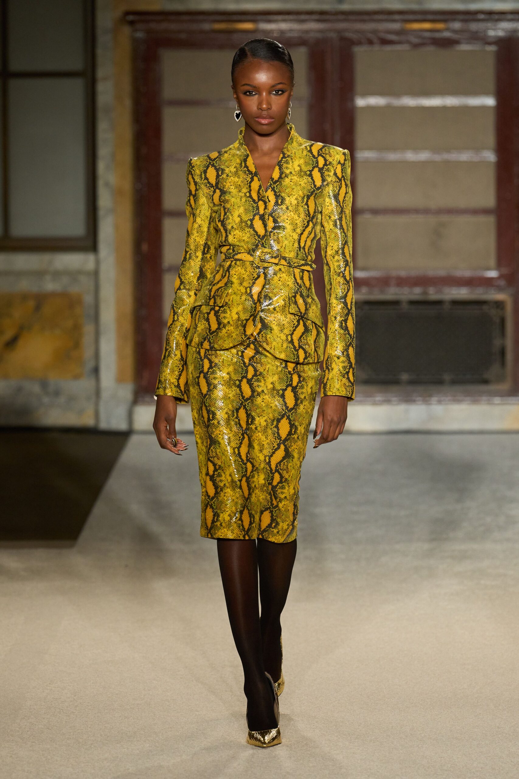 yellow silk long-sleeve collared fitted printed pencil dress