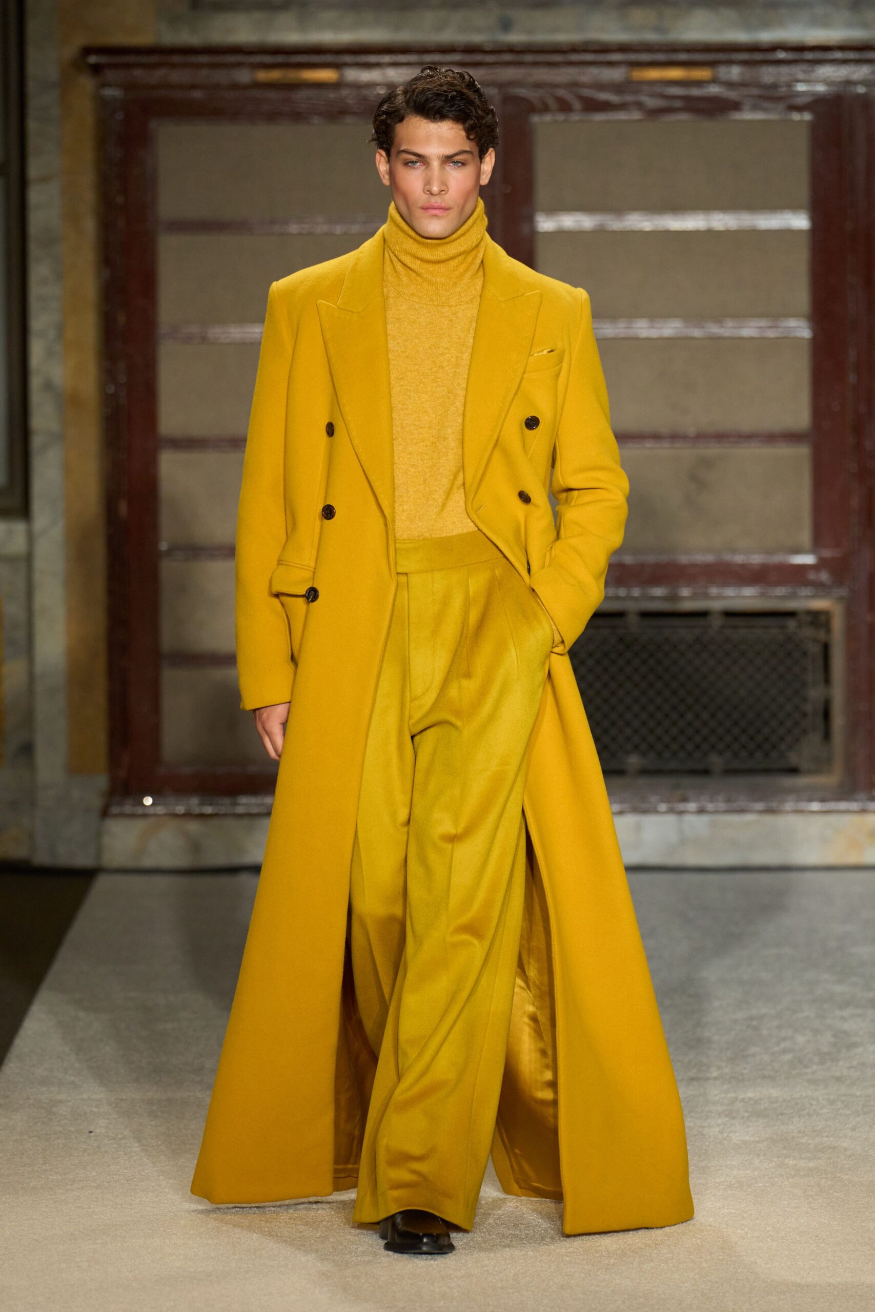 yellow long-sleeve collared fitted maxi coat