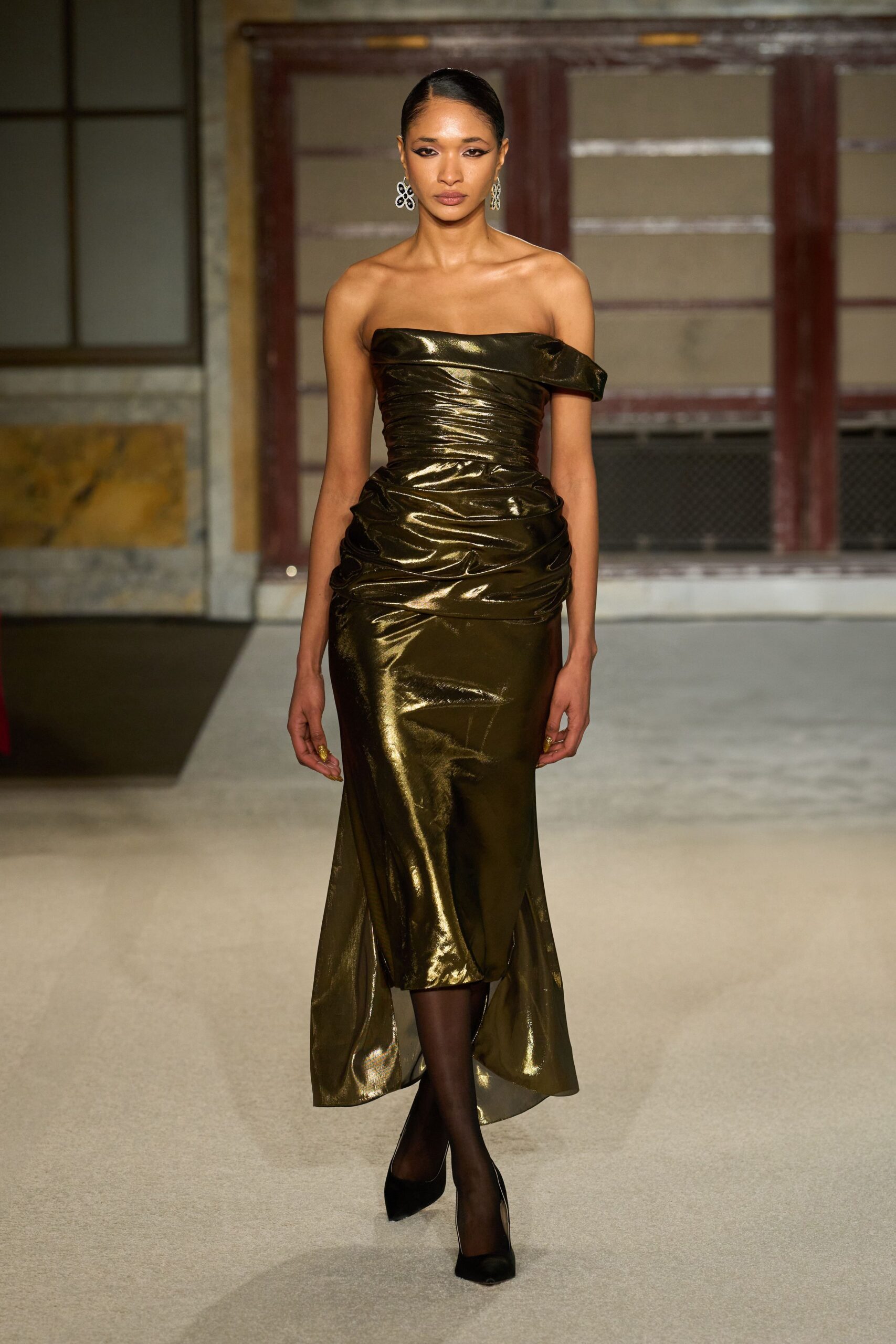 gold silk strapless slit fitted ruched shiny dress