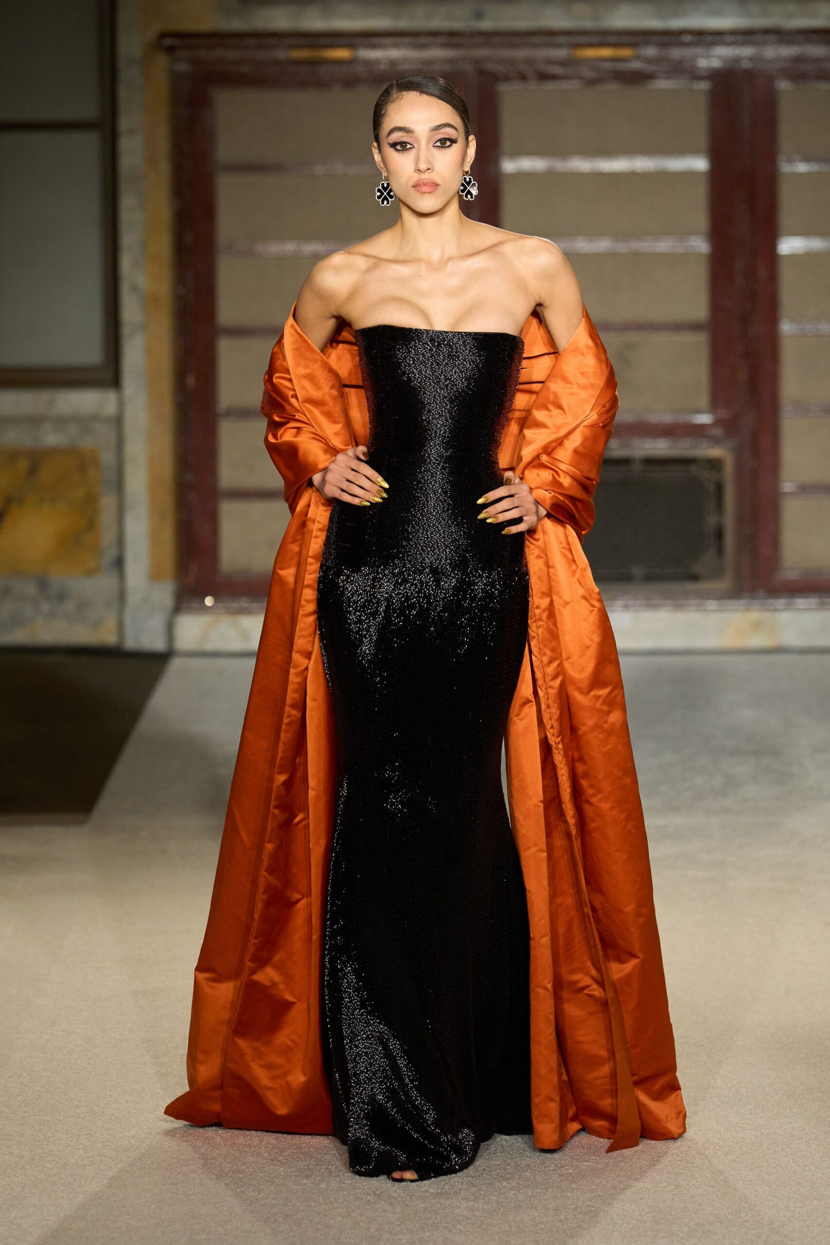 orange silk long-sleeve relaxed coat