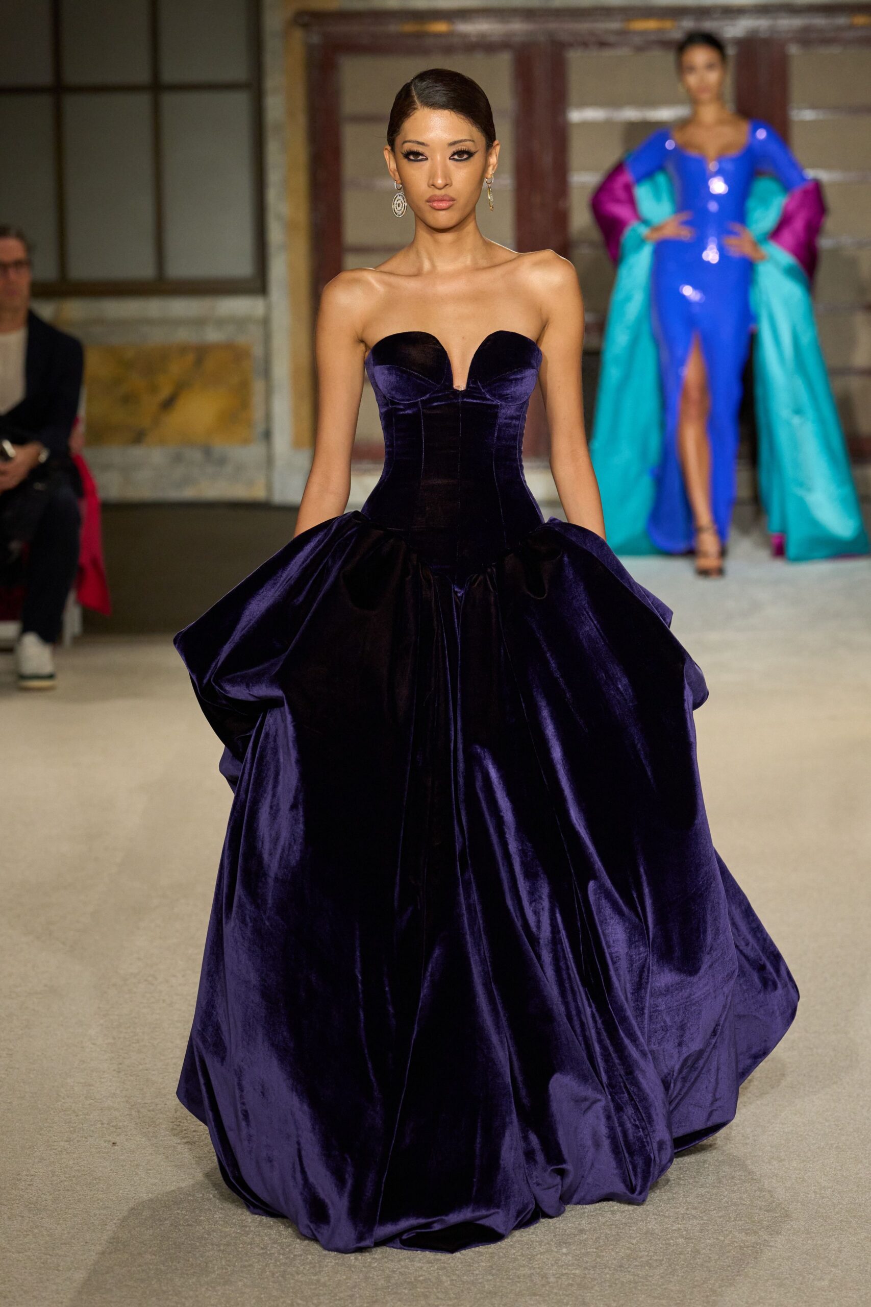 purple velvet strapless gown