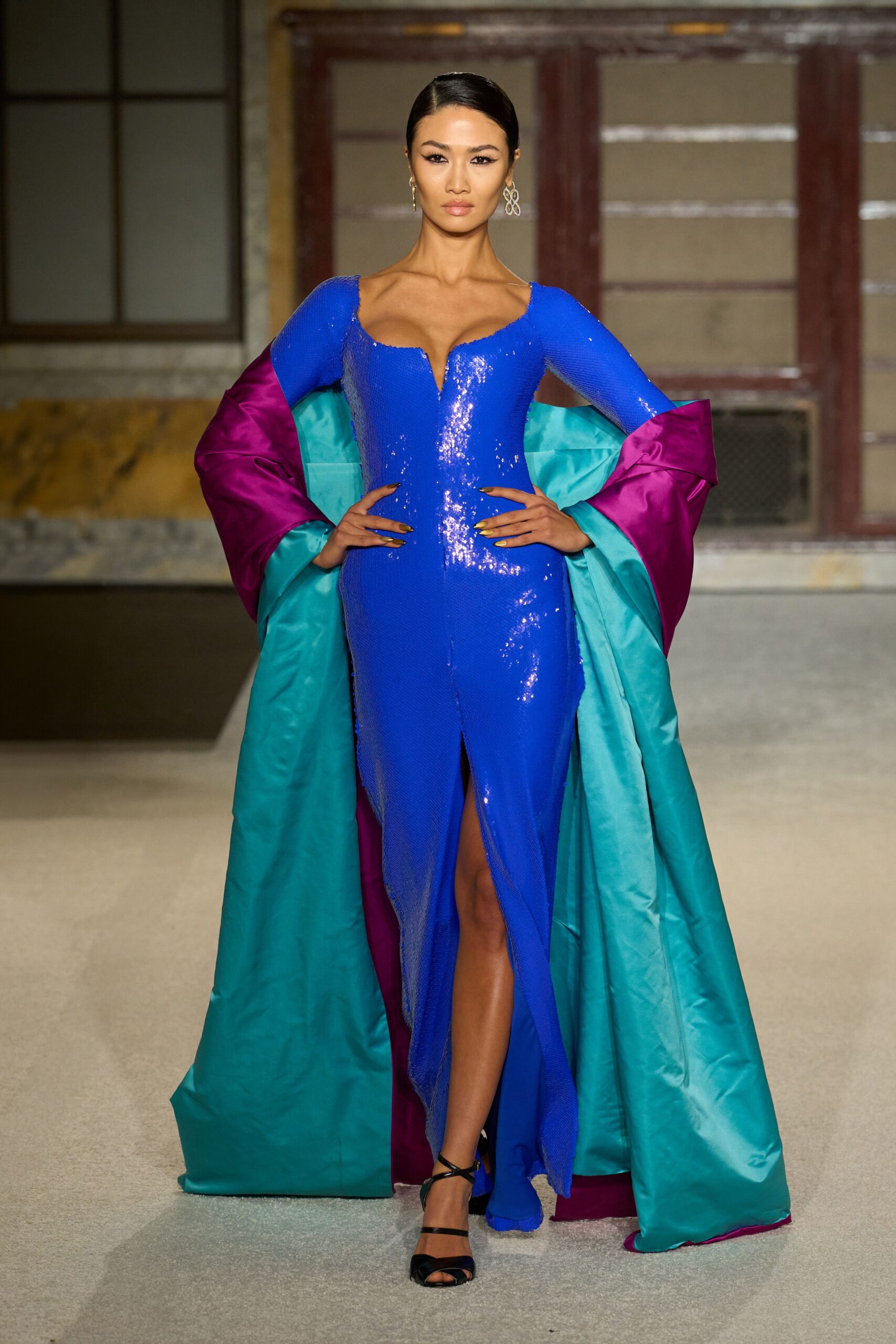 blue sequin long-sleeve v-neck fitted draped shiny gown