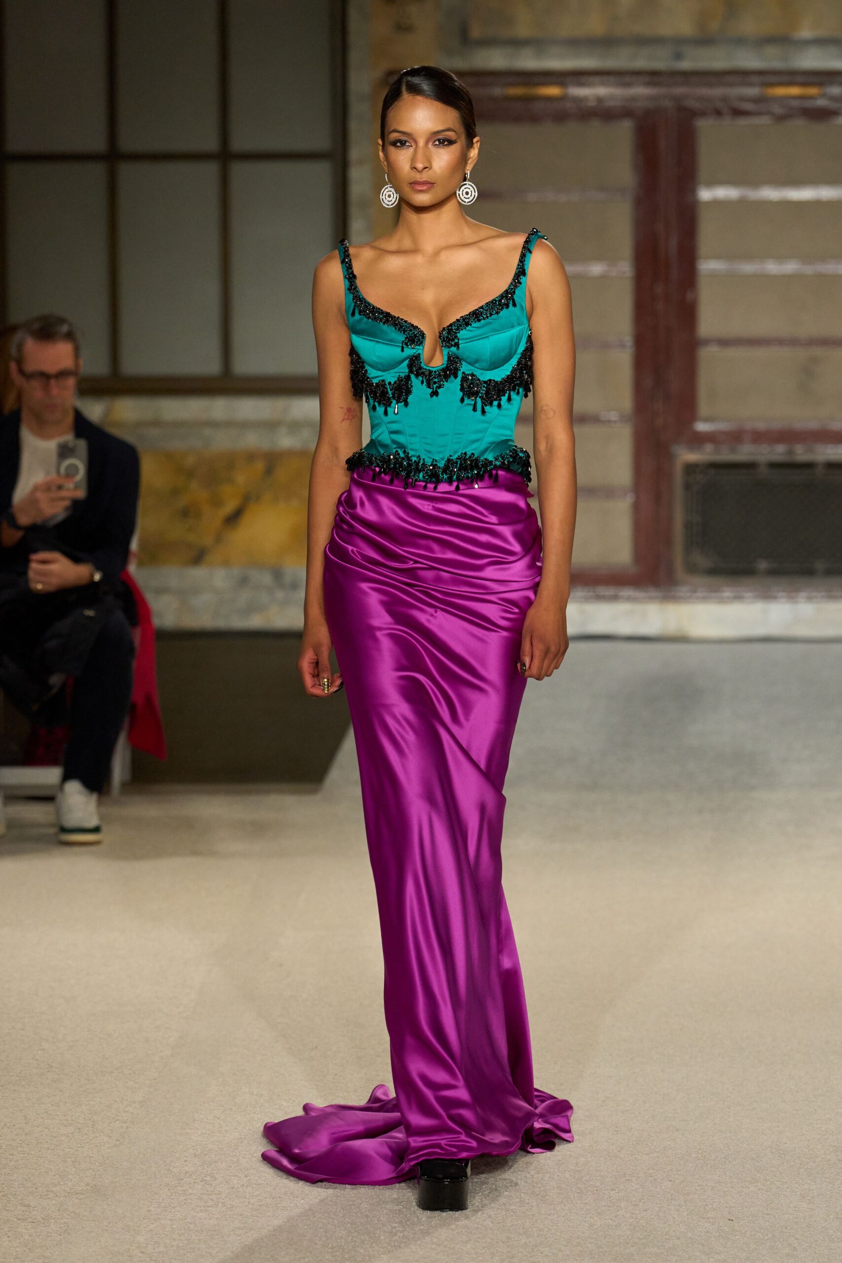 teal satin sleeveless v-neck fitted ruched embellished gown