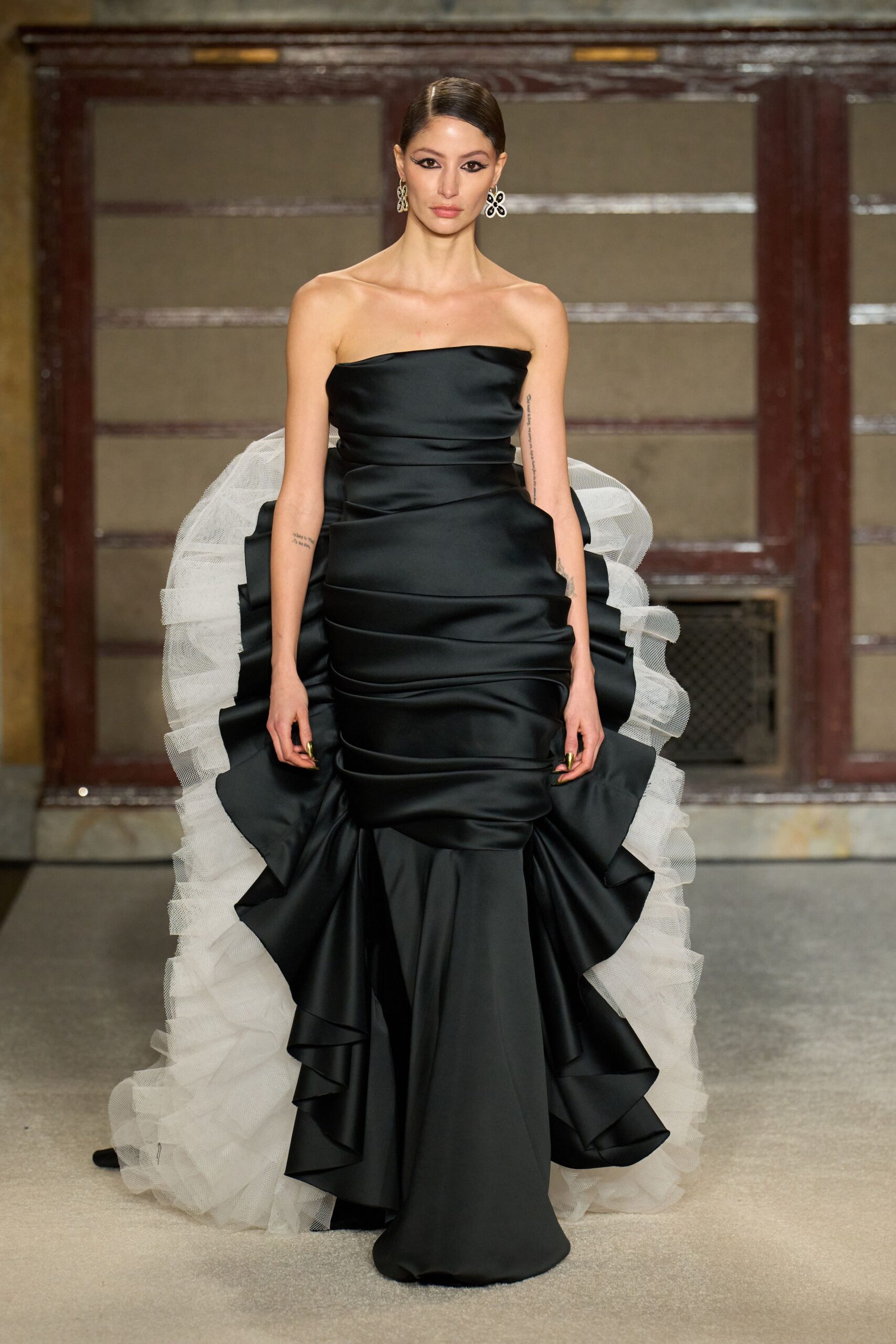 black strapless ruched gown