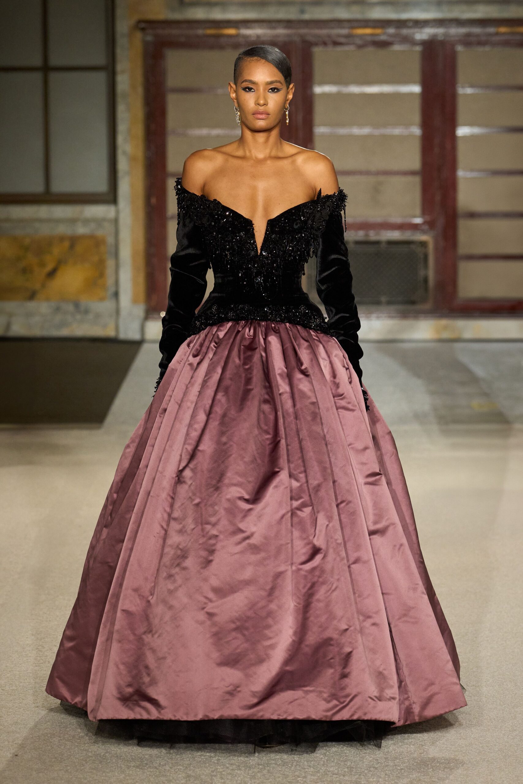 black velvet off-shoulder gown