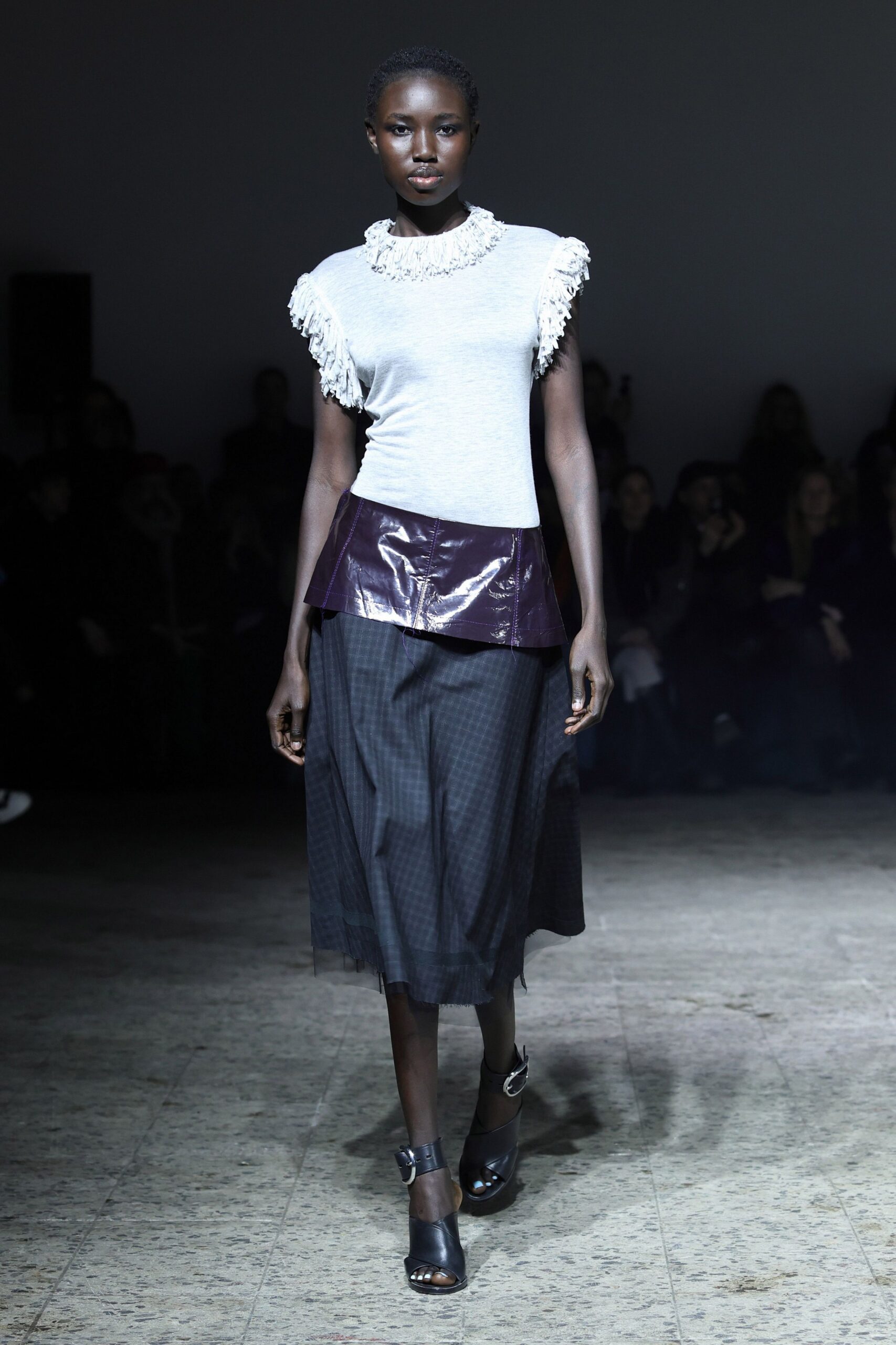 gray ruffled top black midi skirt