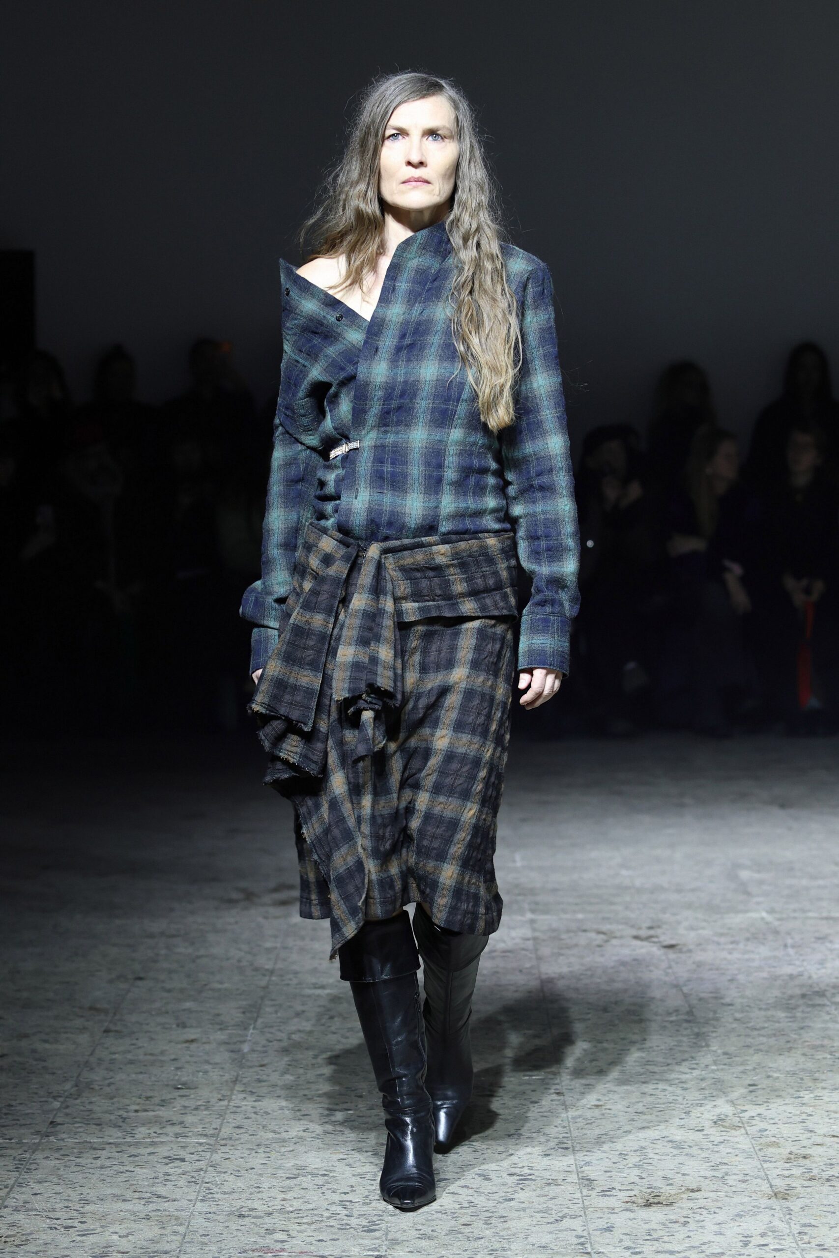 plaid shirt and skirt with boots