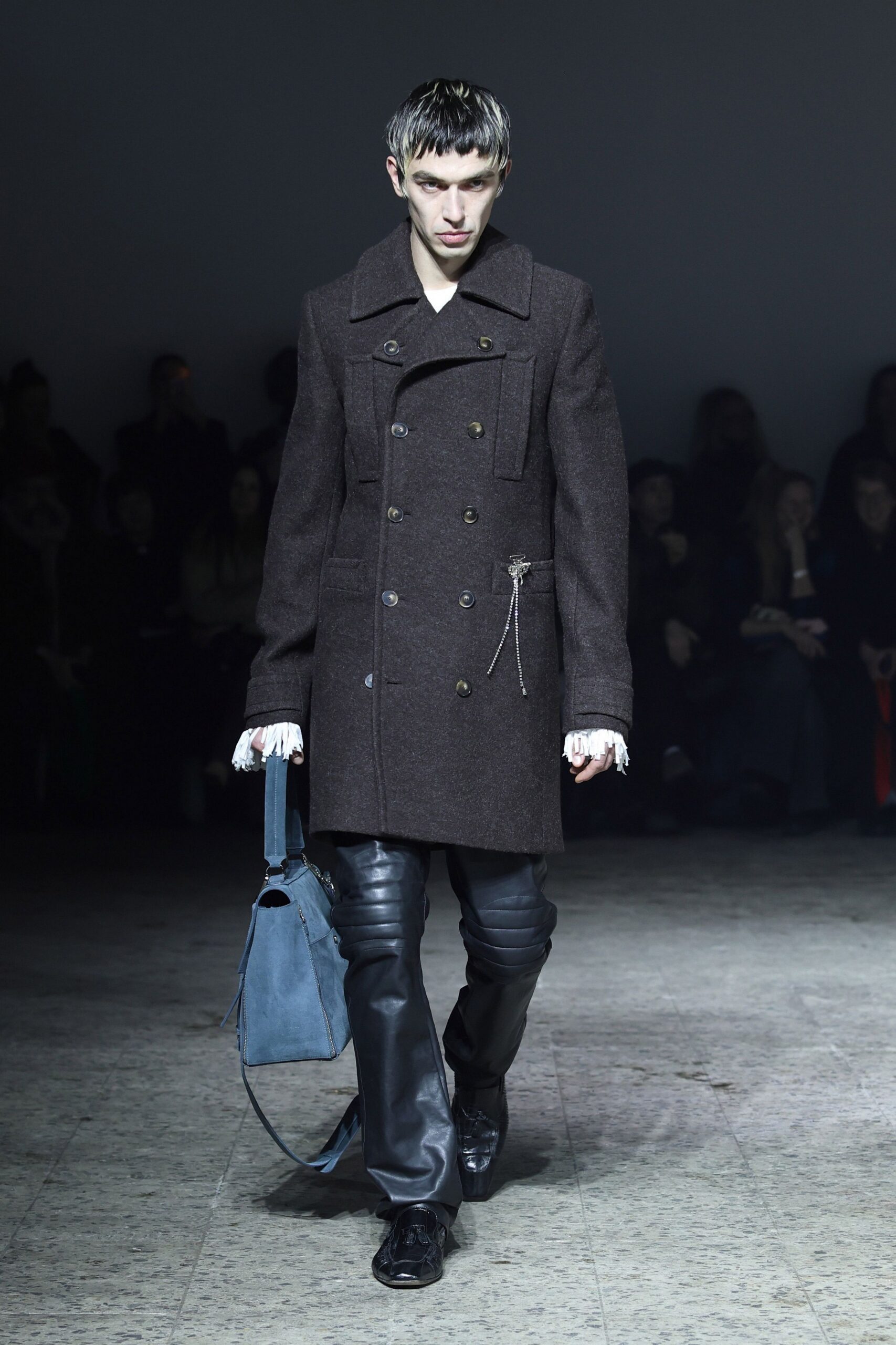 brown wool coat with leather pants