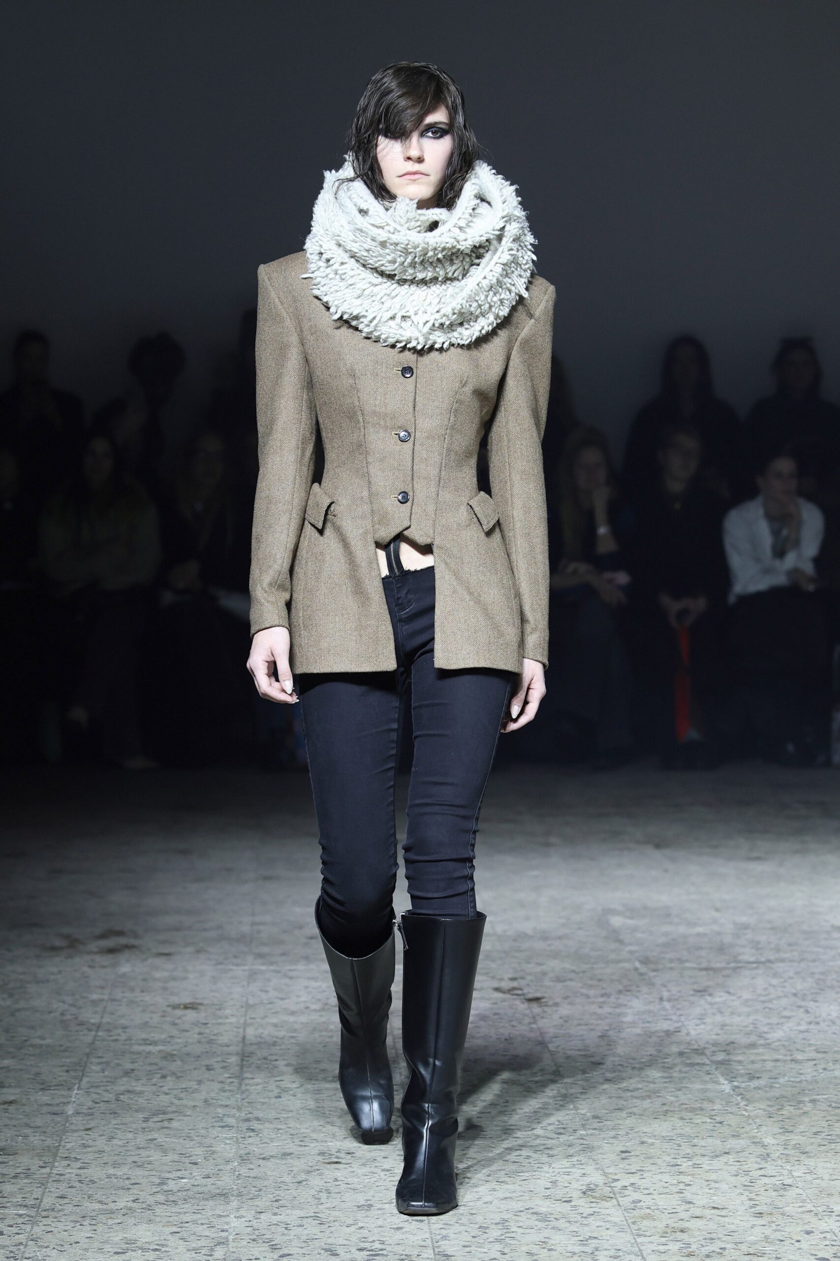 brown wool blazer with black pants