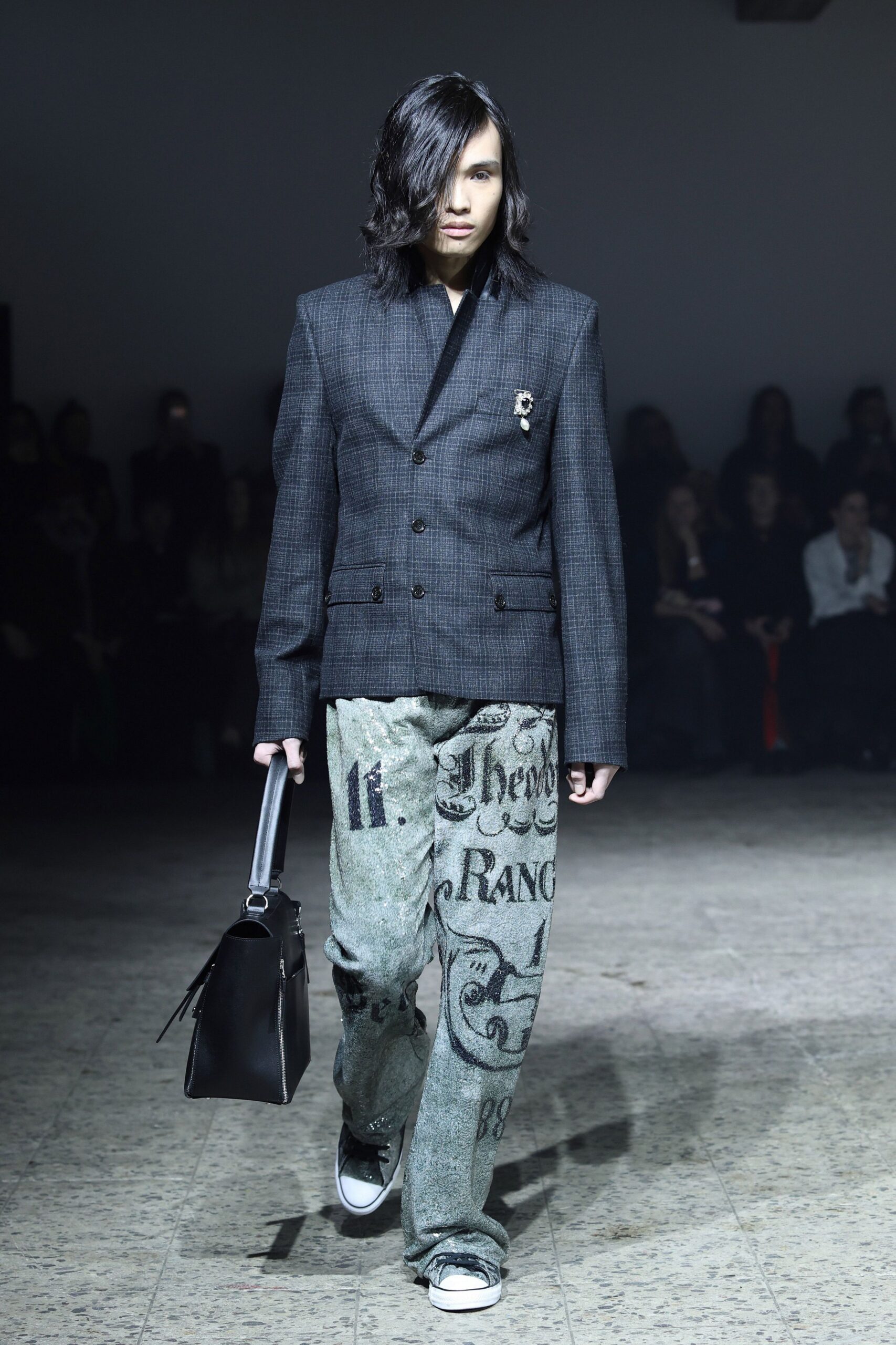 black gray tailored blazer with printed pants
