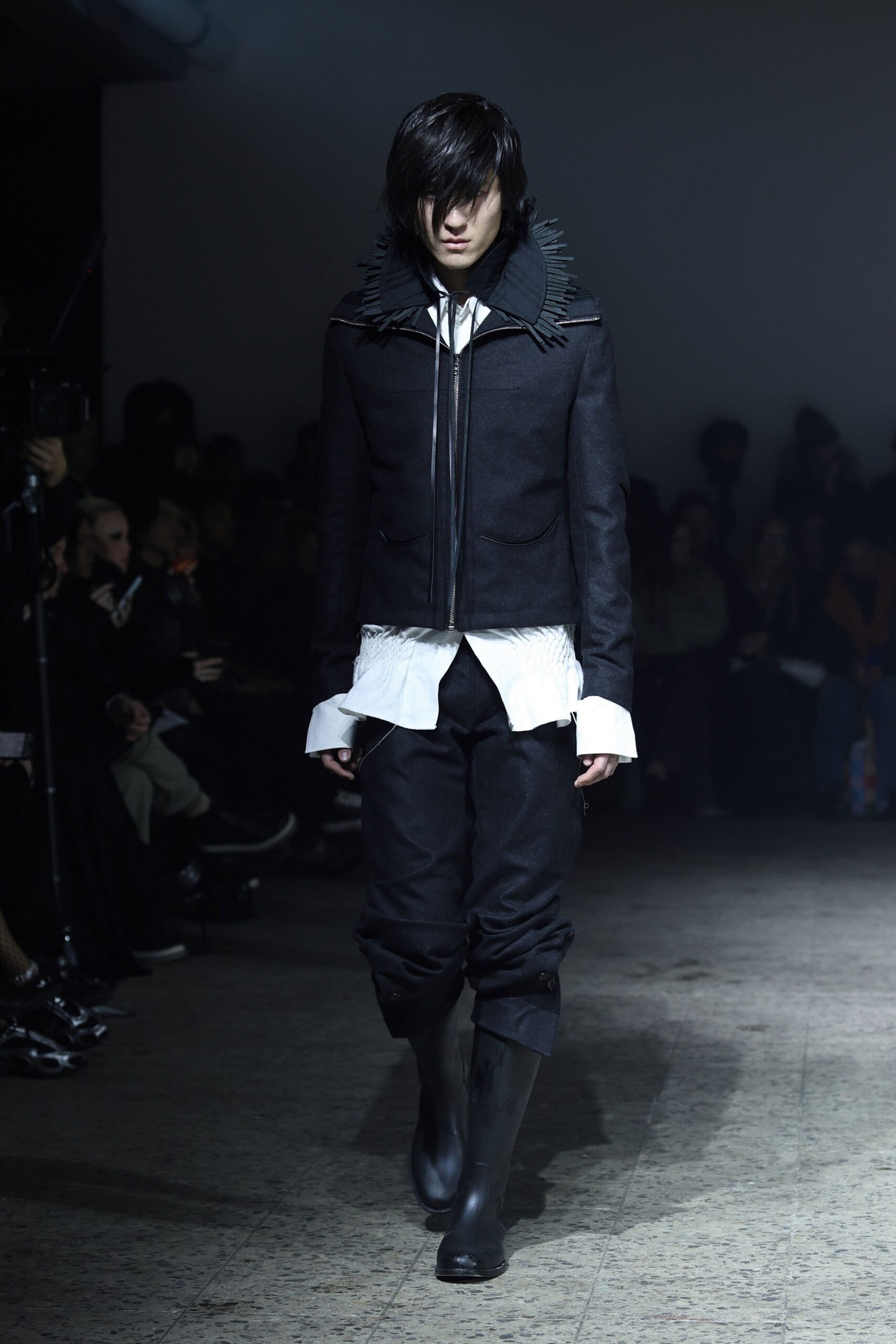 black structured jacket with white shirt