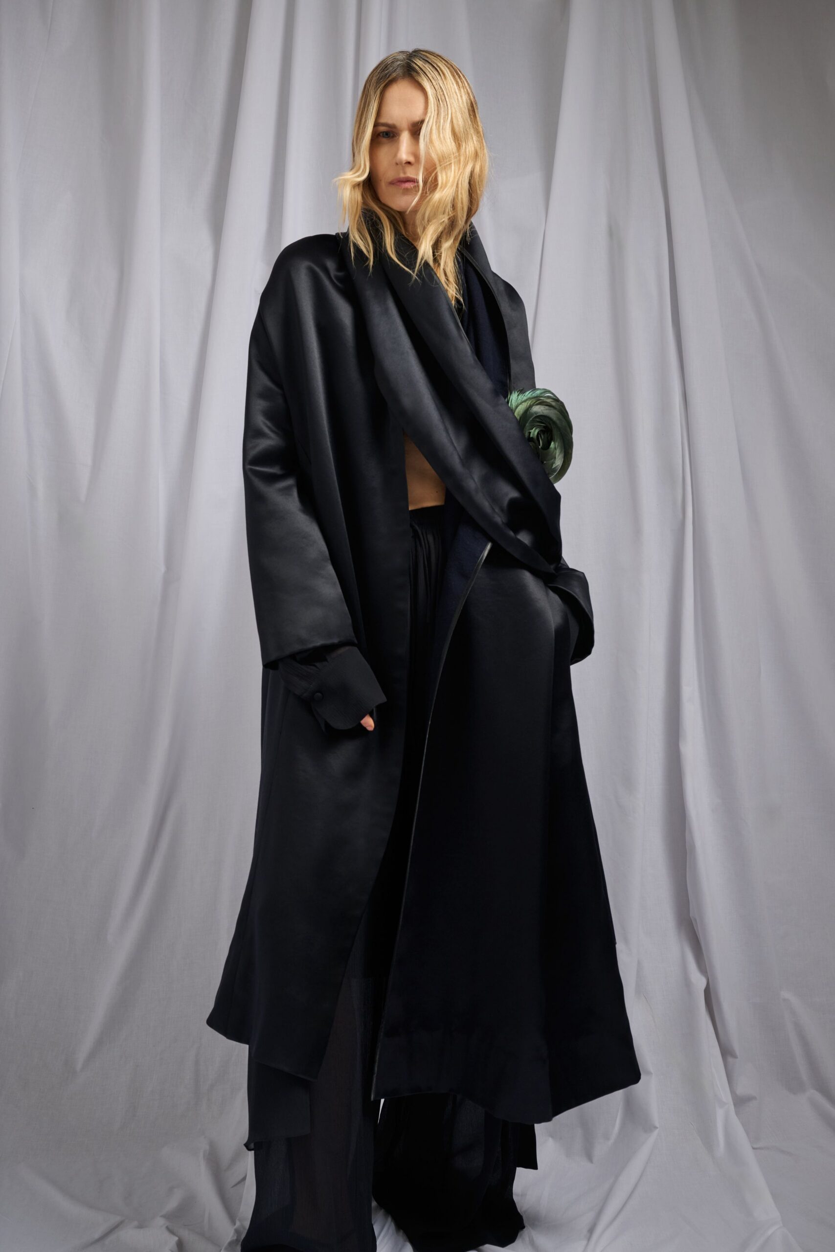 black silk long-sleeve collared relaxed draped coat