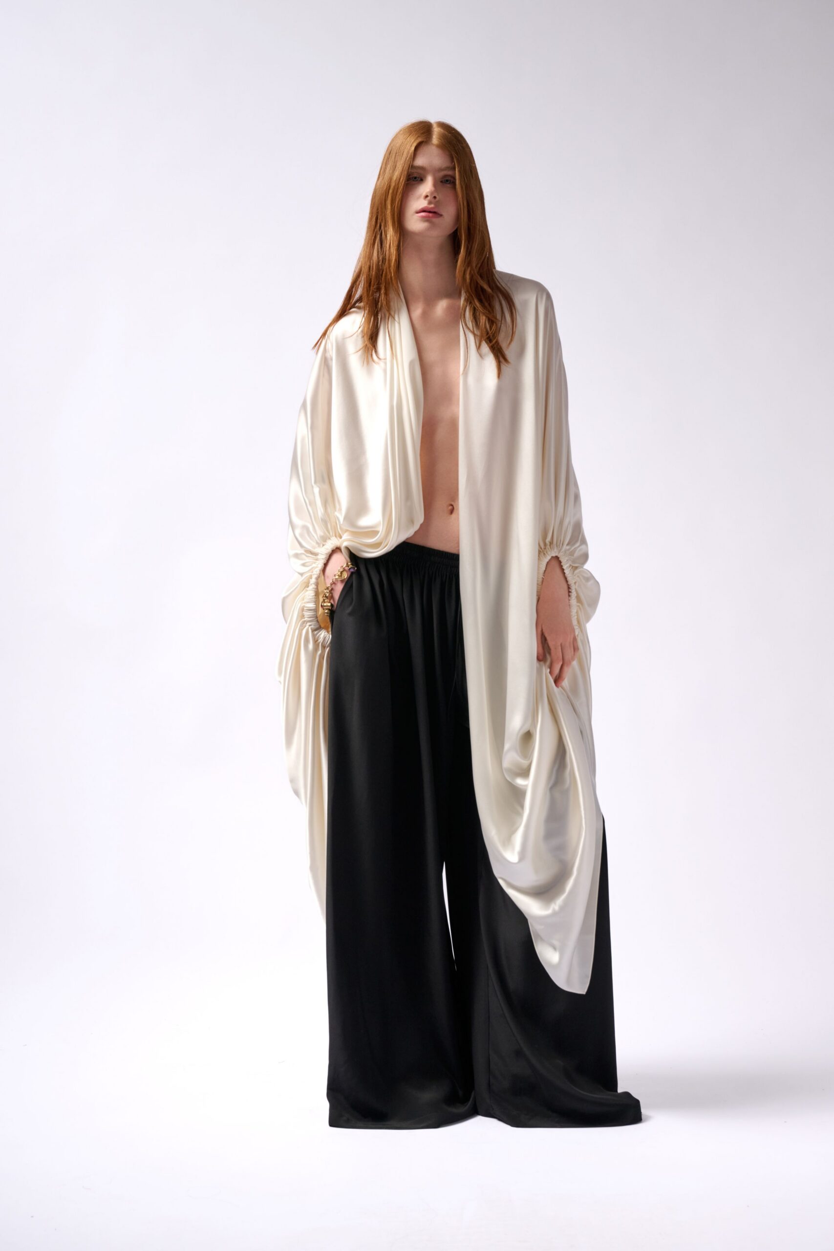 white silk long-sleeve v-neck relaxed draped top