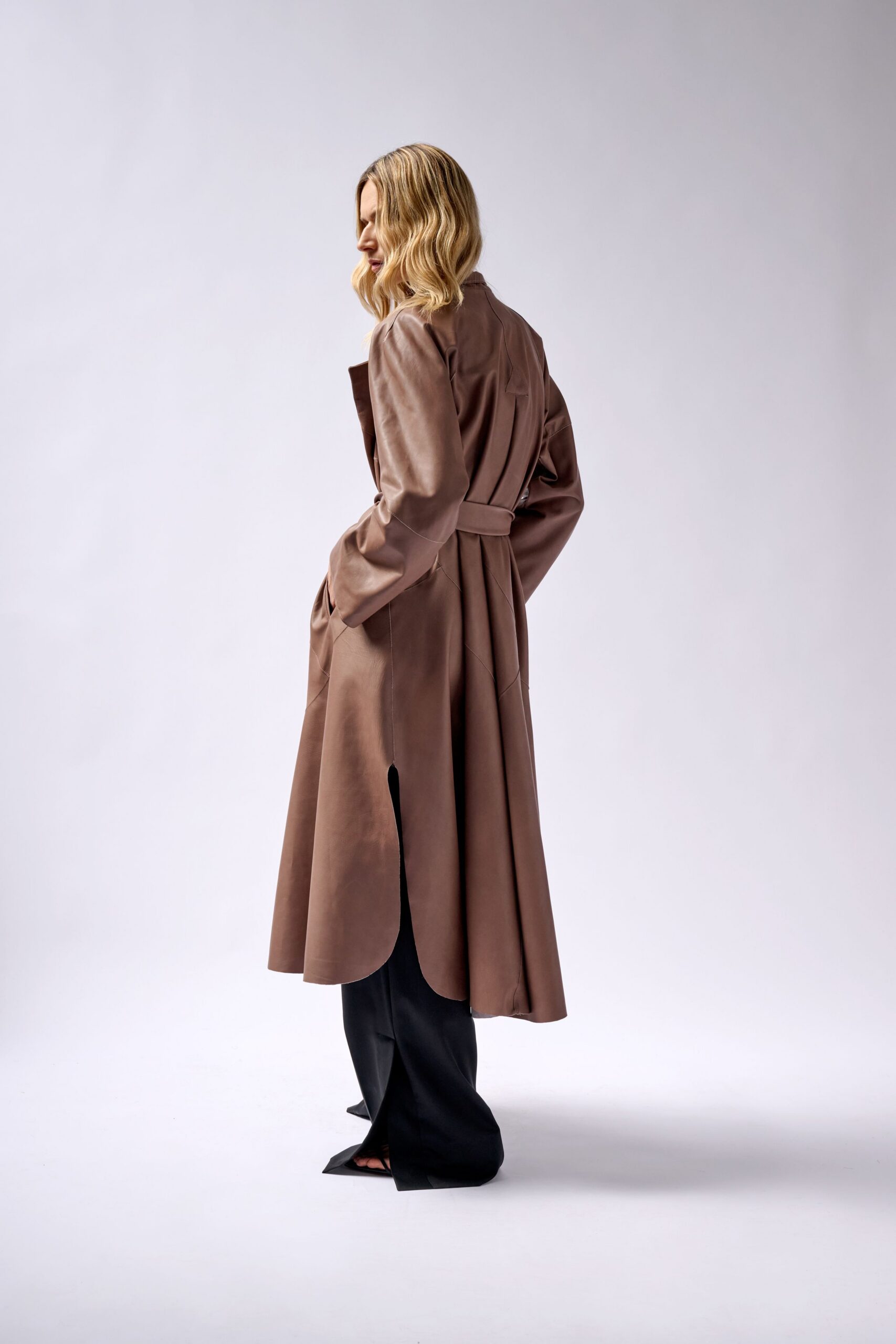 brown silk long-sleeve collared fitted belted midi coat