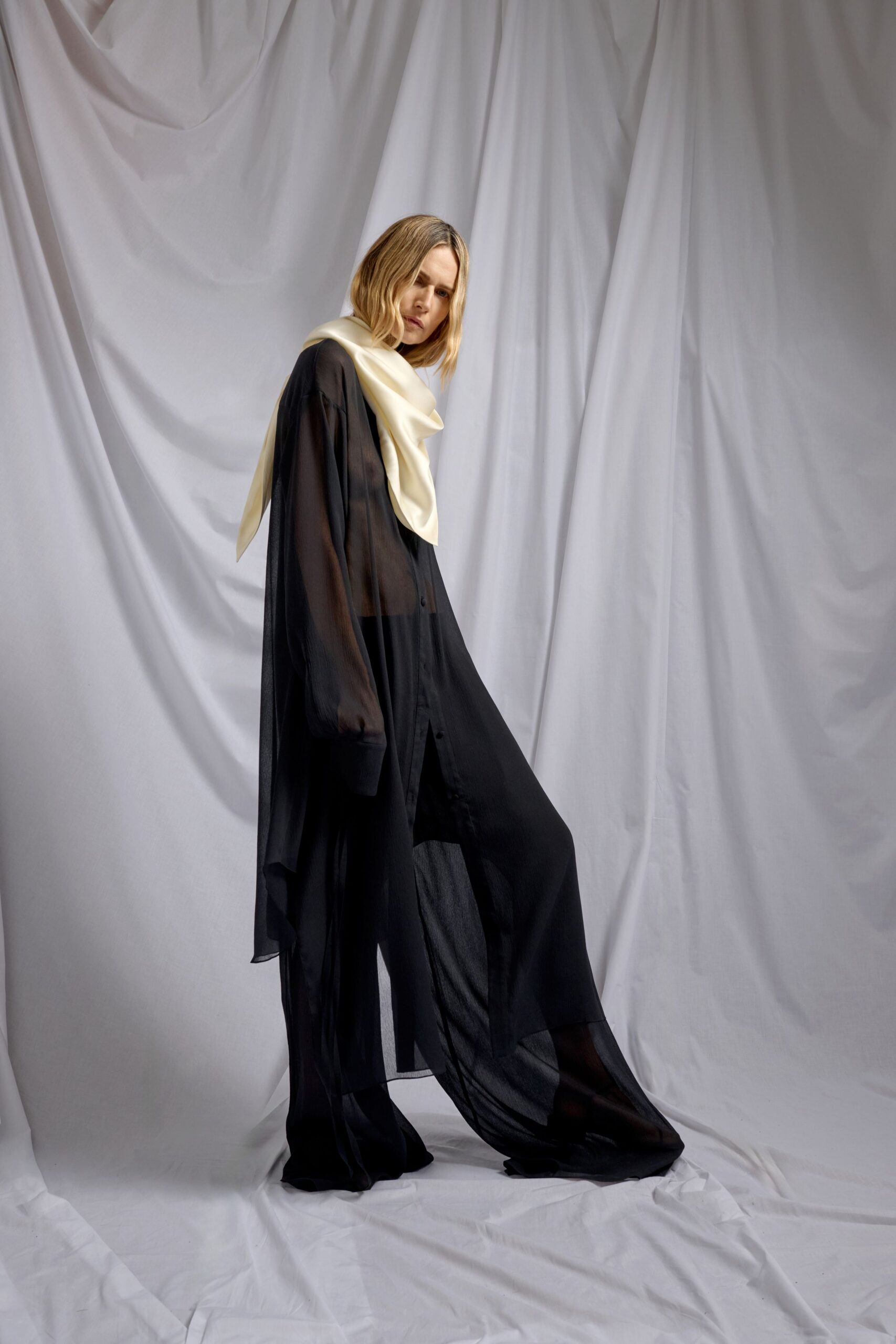 black chiffon long-sleeve collared relaxed sheer flowing top