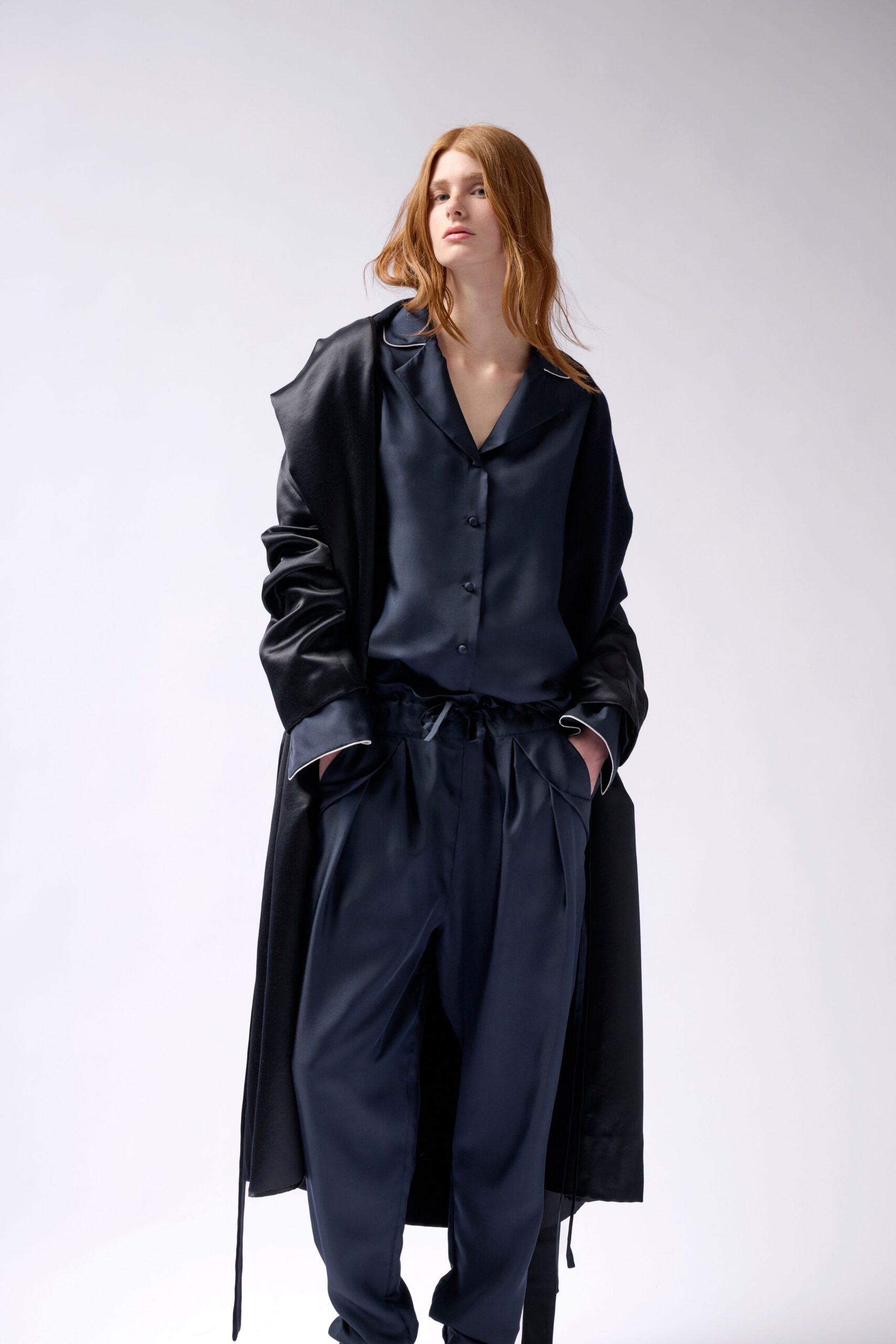 black silk long-sleeve collared relaxed coat
