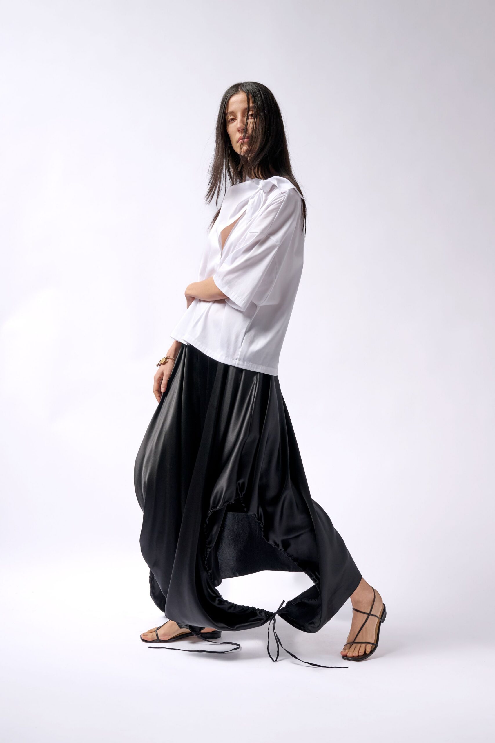 black silk asymmetric fitted draped pants