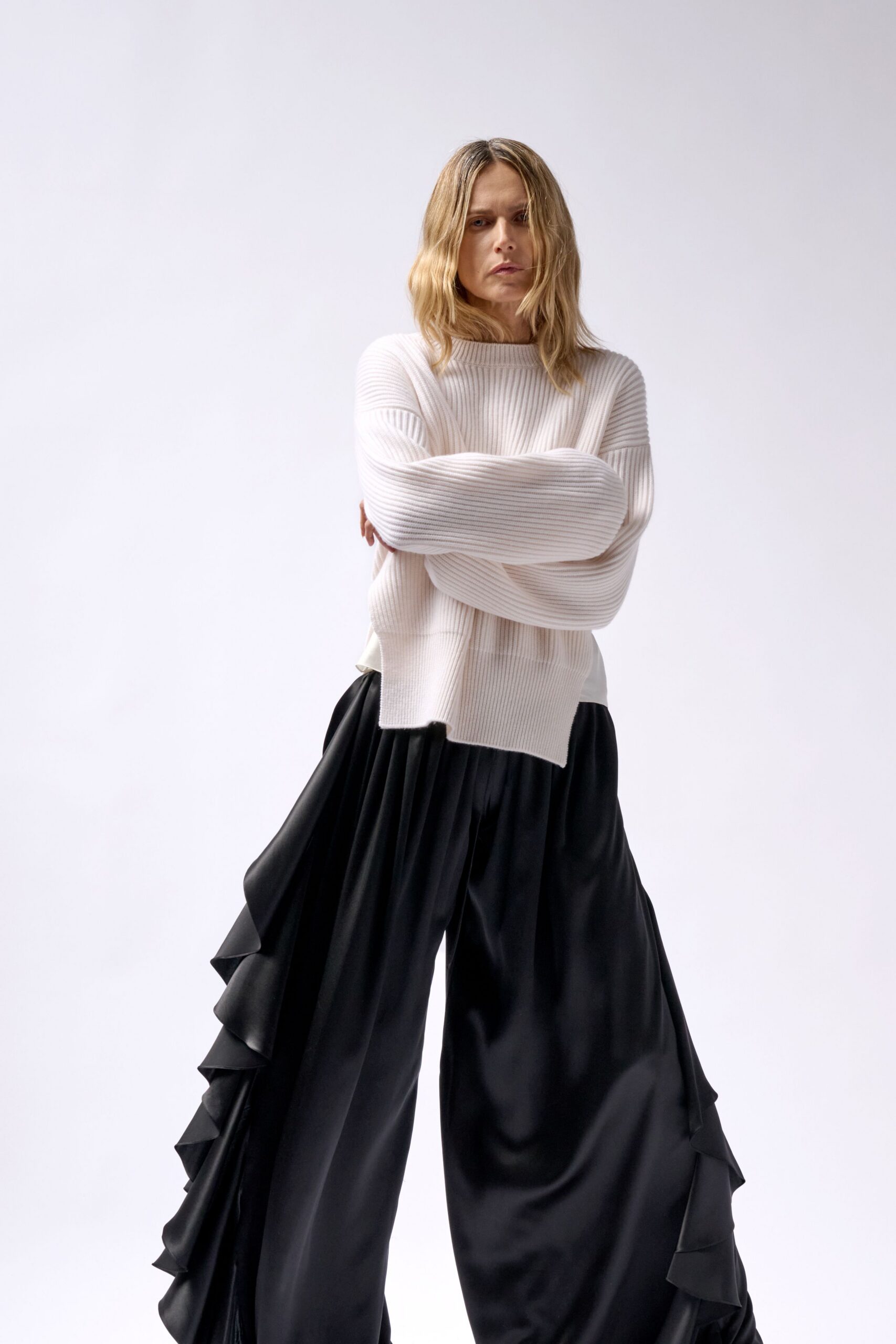 black silk relaxed flared pleated pants
