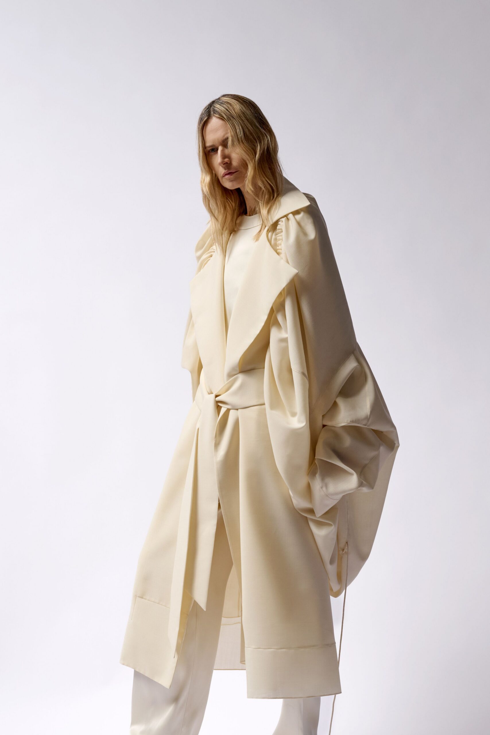 beige silk long-sleeve collared relaxed draped belted coat