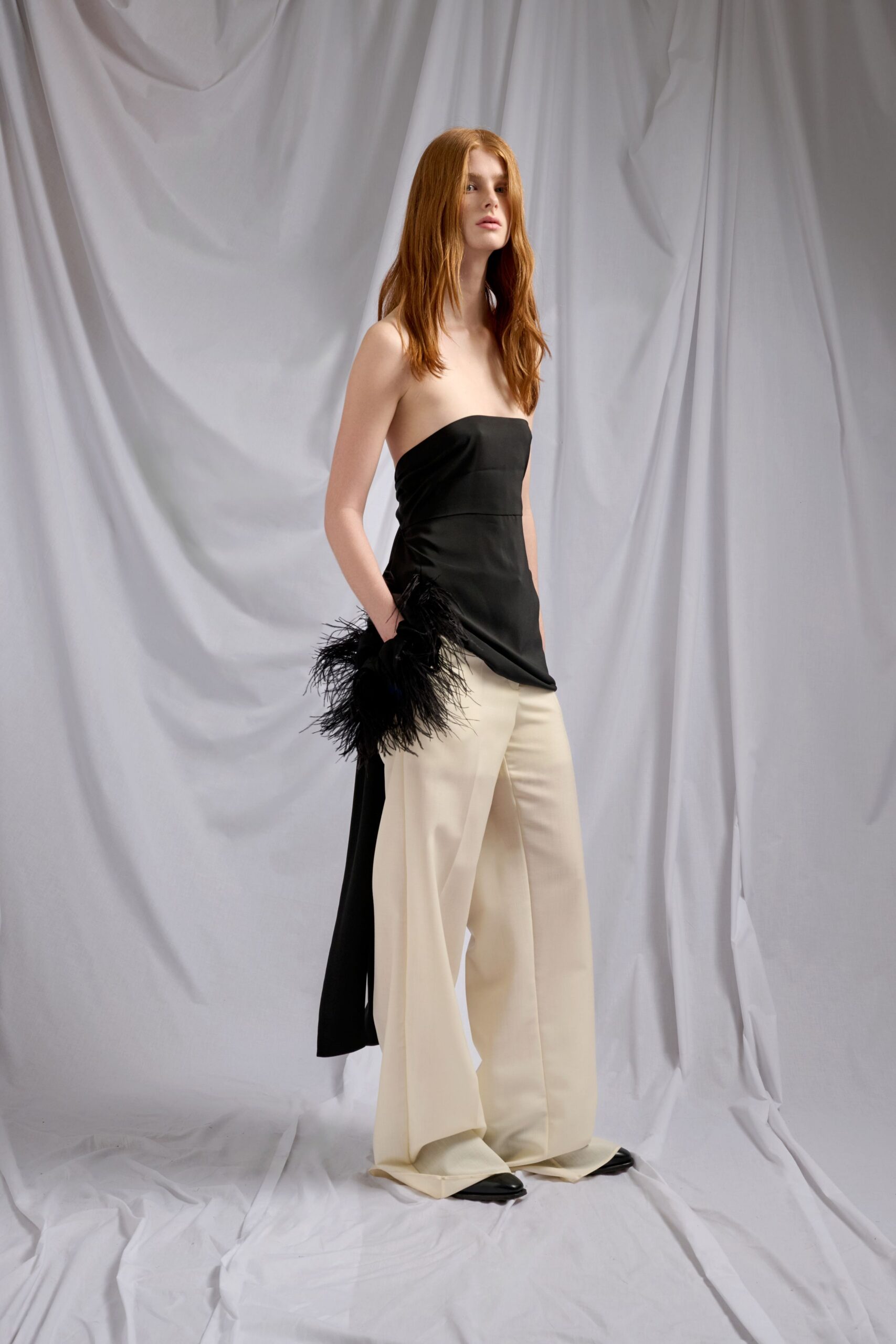 black silk strapless fitted draped top