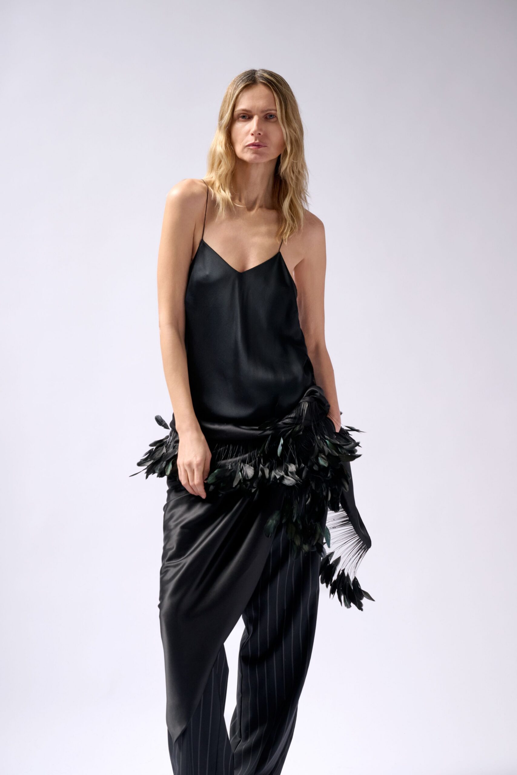 black silk sleeveless v-neck fitted draped top