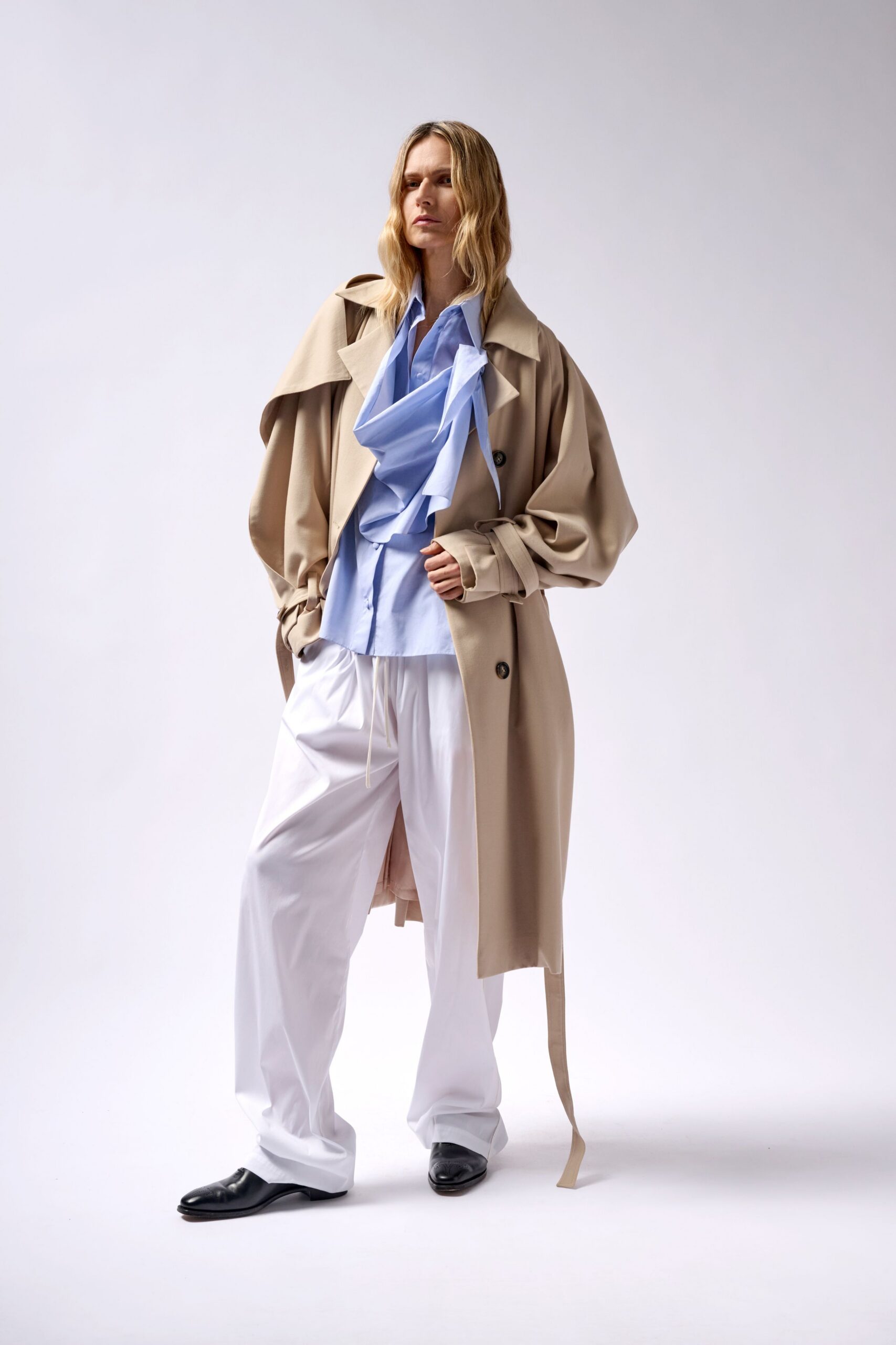 beige cotton long-sleeve collared relaxed buttoned trench